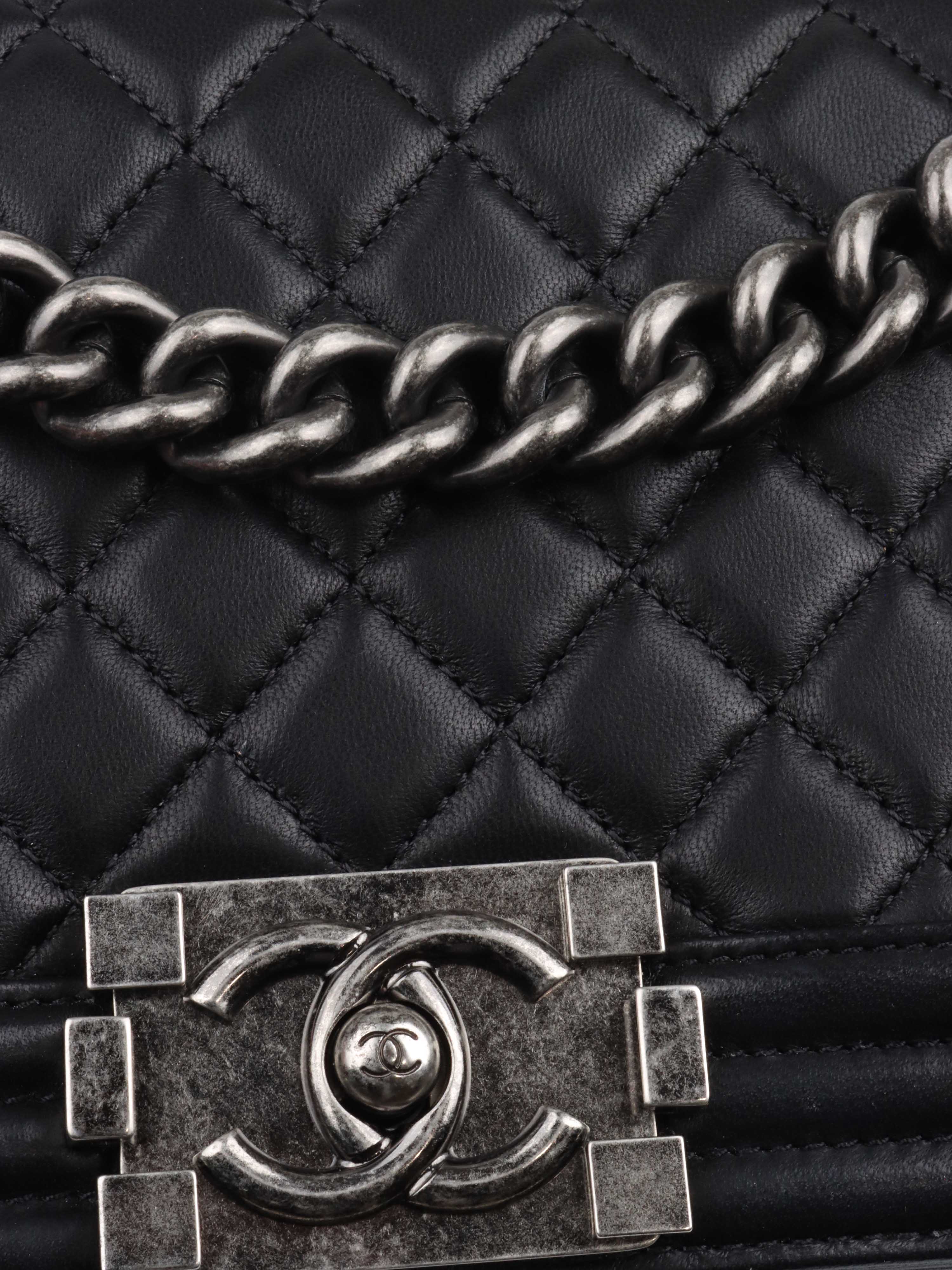 Chanel Black Lambskin Medium Boy Bag Ruthenium Finish Metal Hardware.