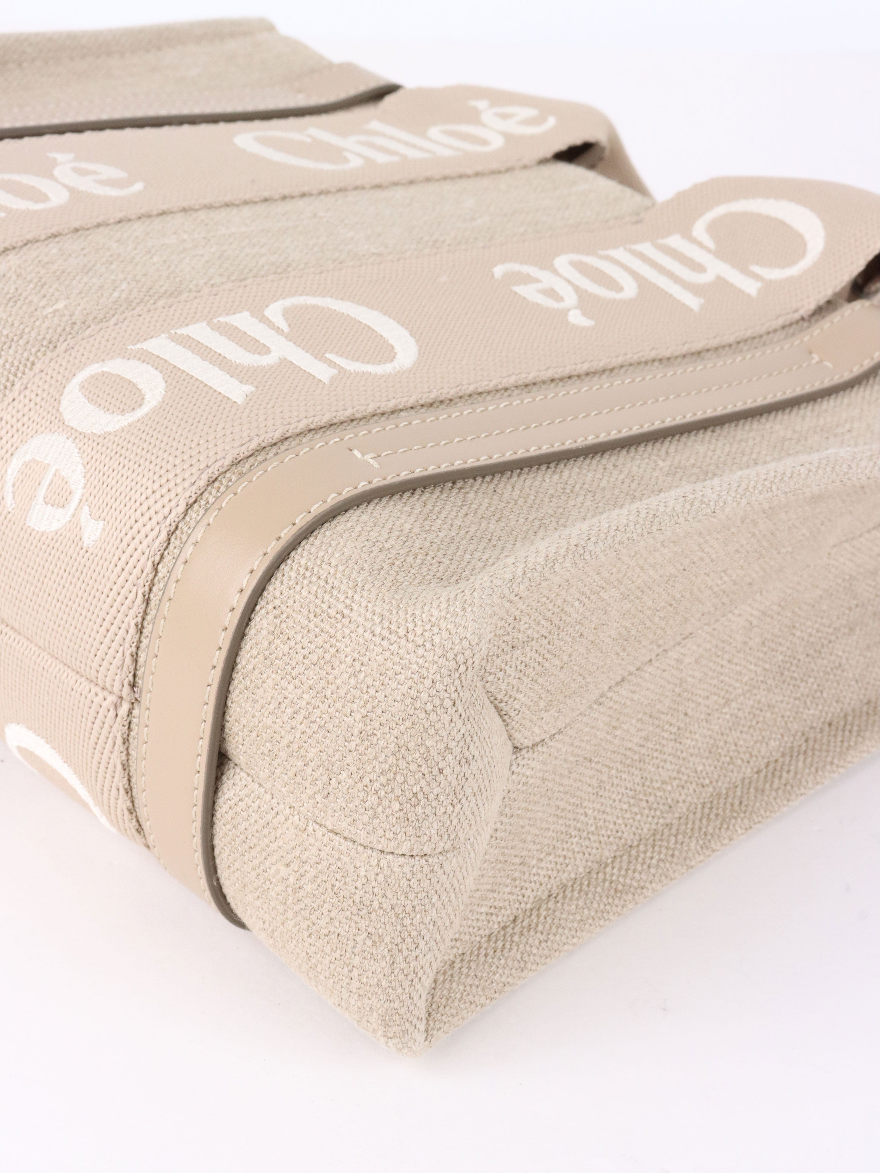 Chloe Neutral Small Woody Linen Tote Bag