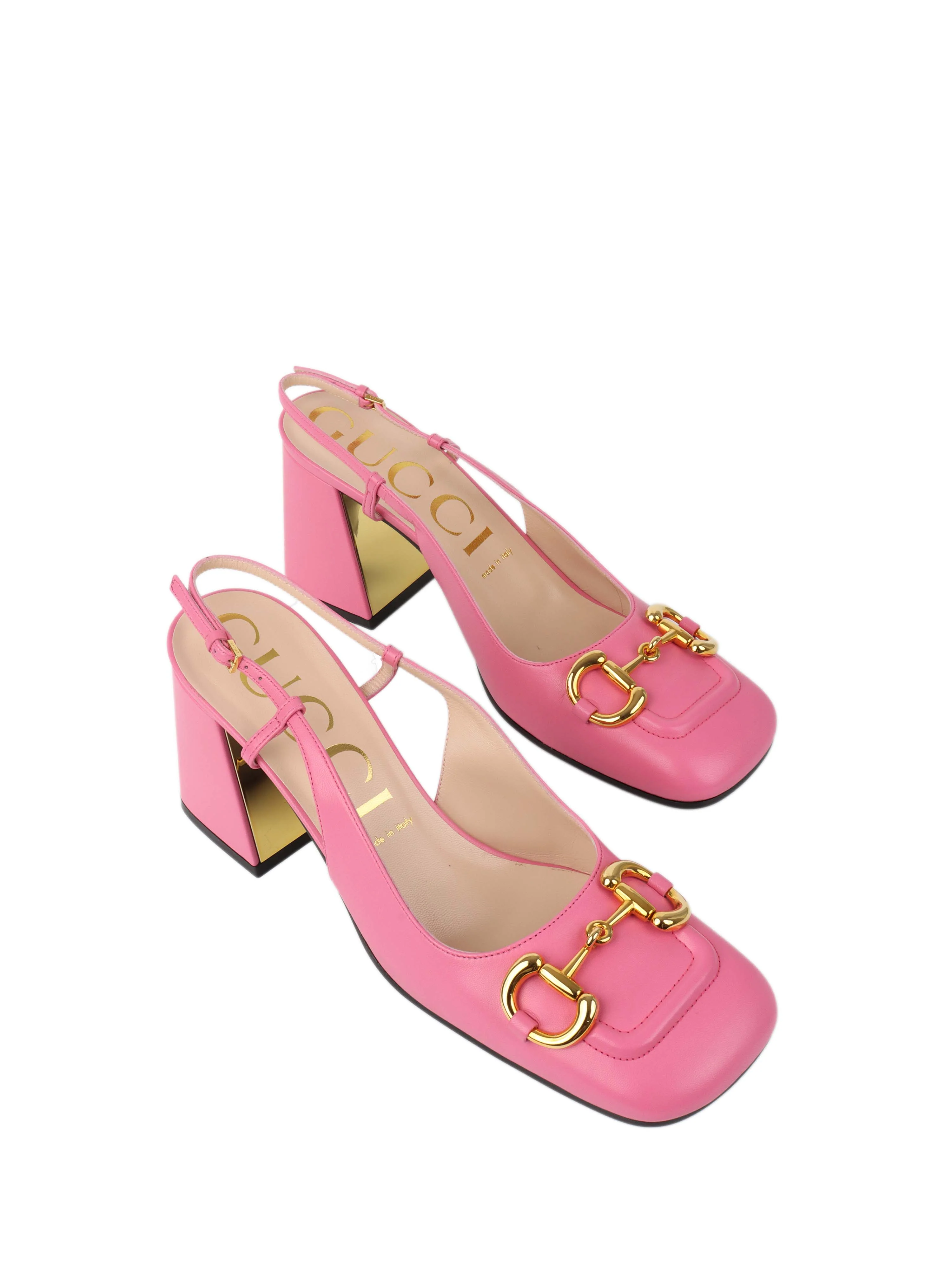 Gucci Pink Horsebit Slingback Pumps.