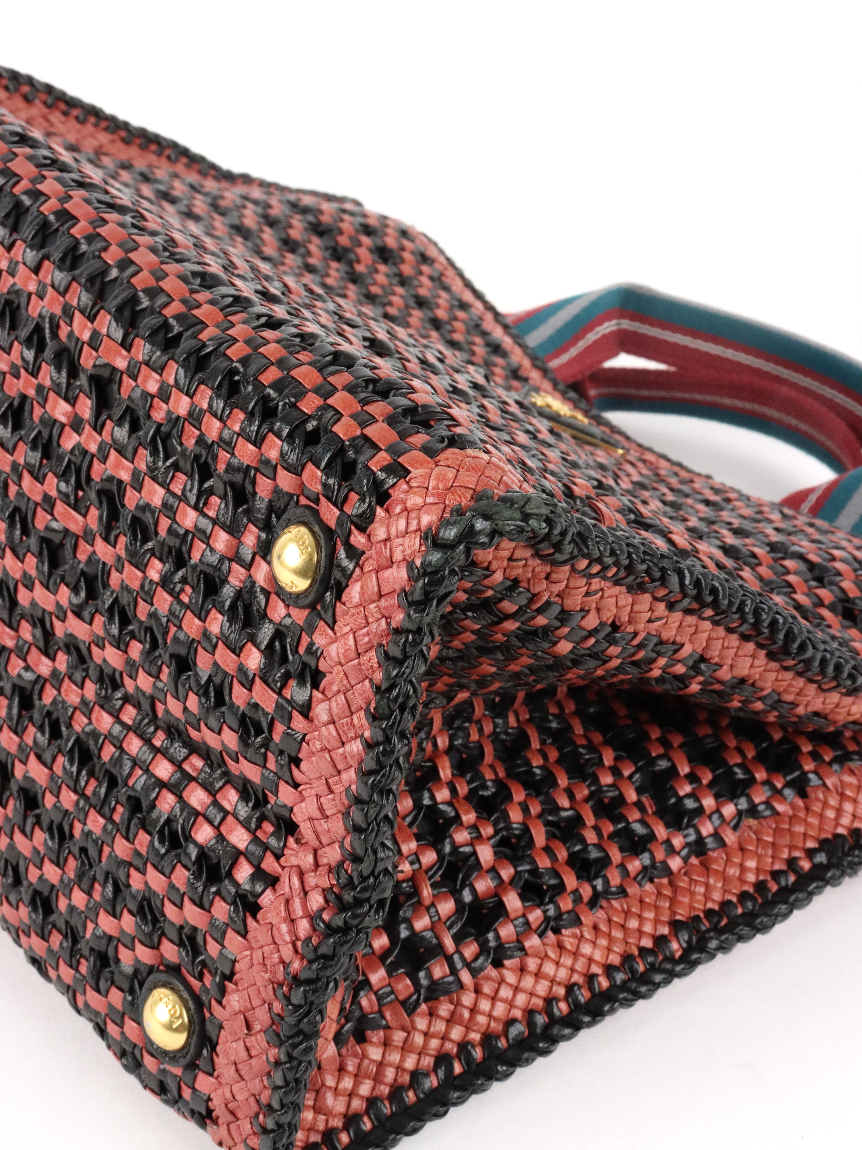 Prada Red/Black Madras Woven Leather Tote Bag