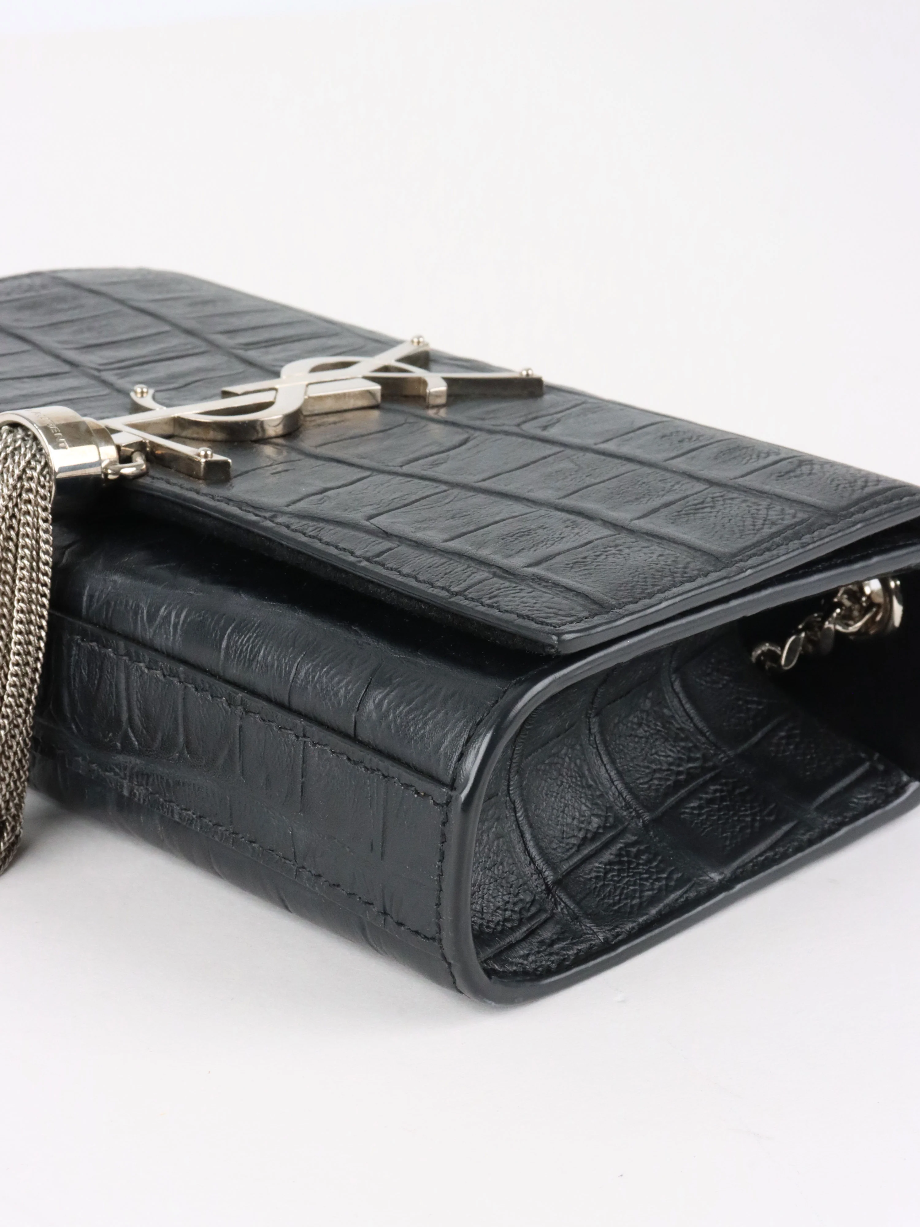 Saint Laurent Black Small Croc Embossed Kate Tassel SHW