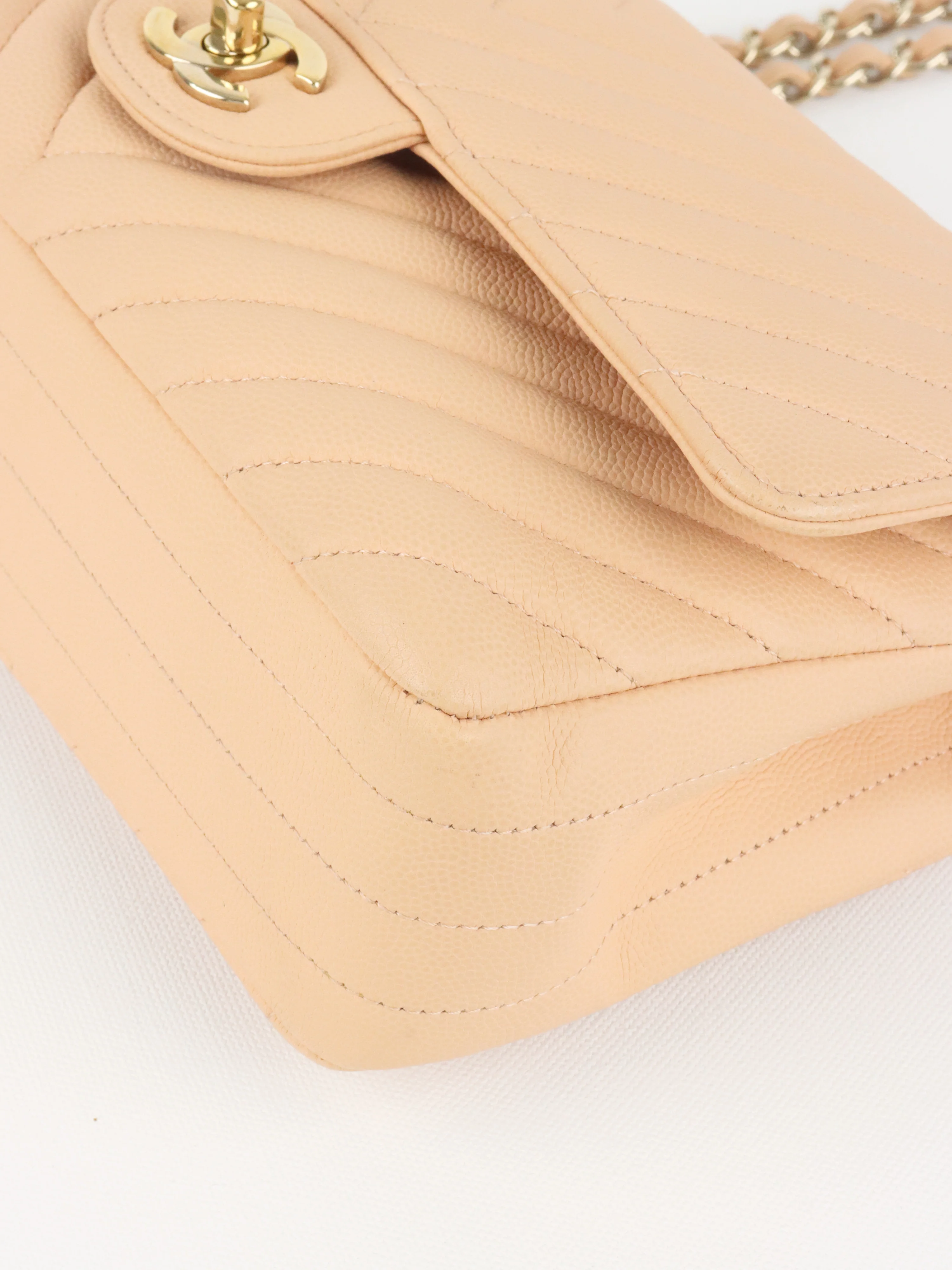 Chanel Beige Claire Chevron Caviar Classic Flap