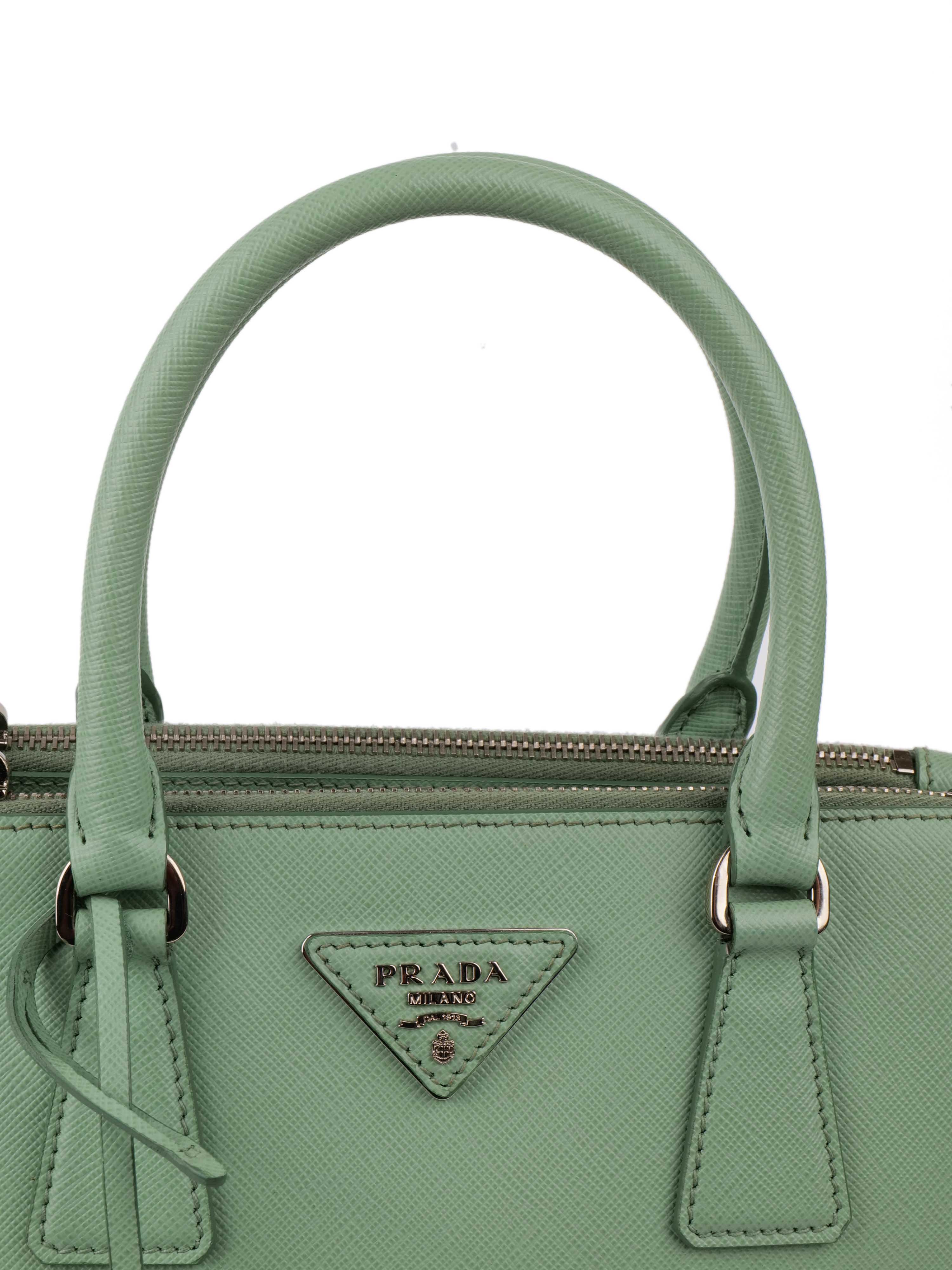 Prada Mint Green Saffiano Double Zipped Small Tote.