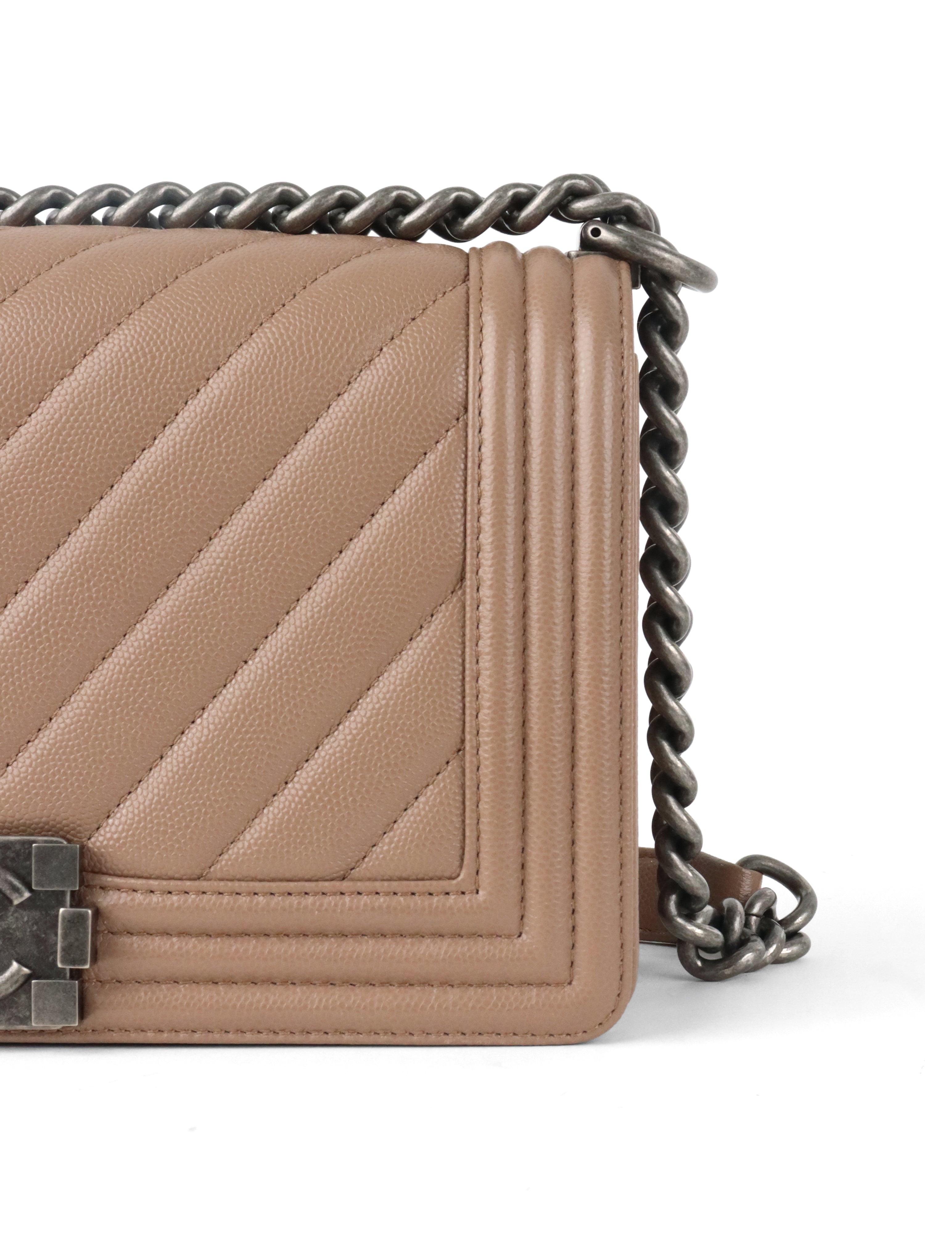 Chanel Dark Beige Chevron Old Medium Caviar Boy Bag