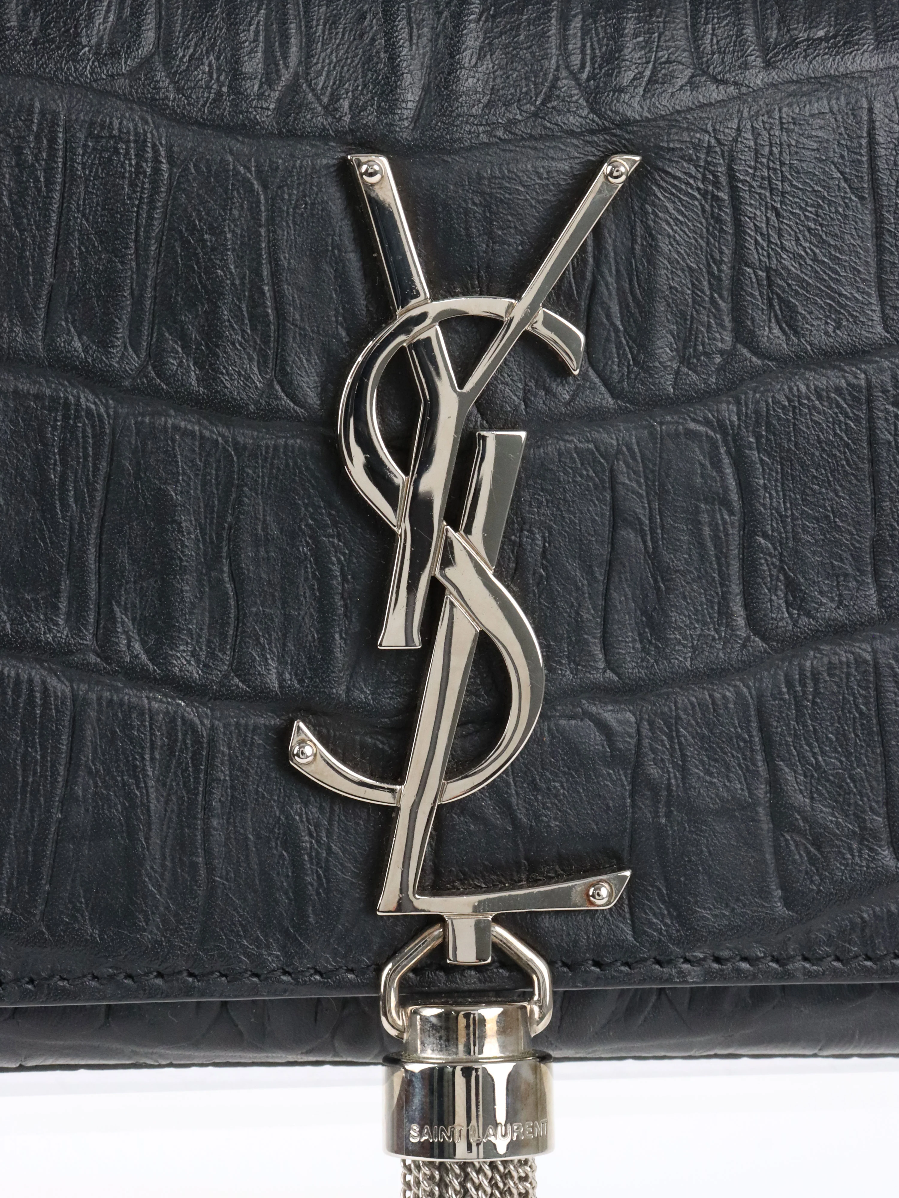 Saint Laurent Black Small Croc Embossed Kate Tassel SHW