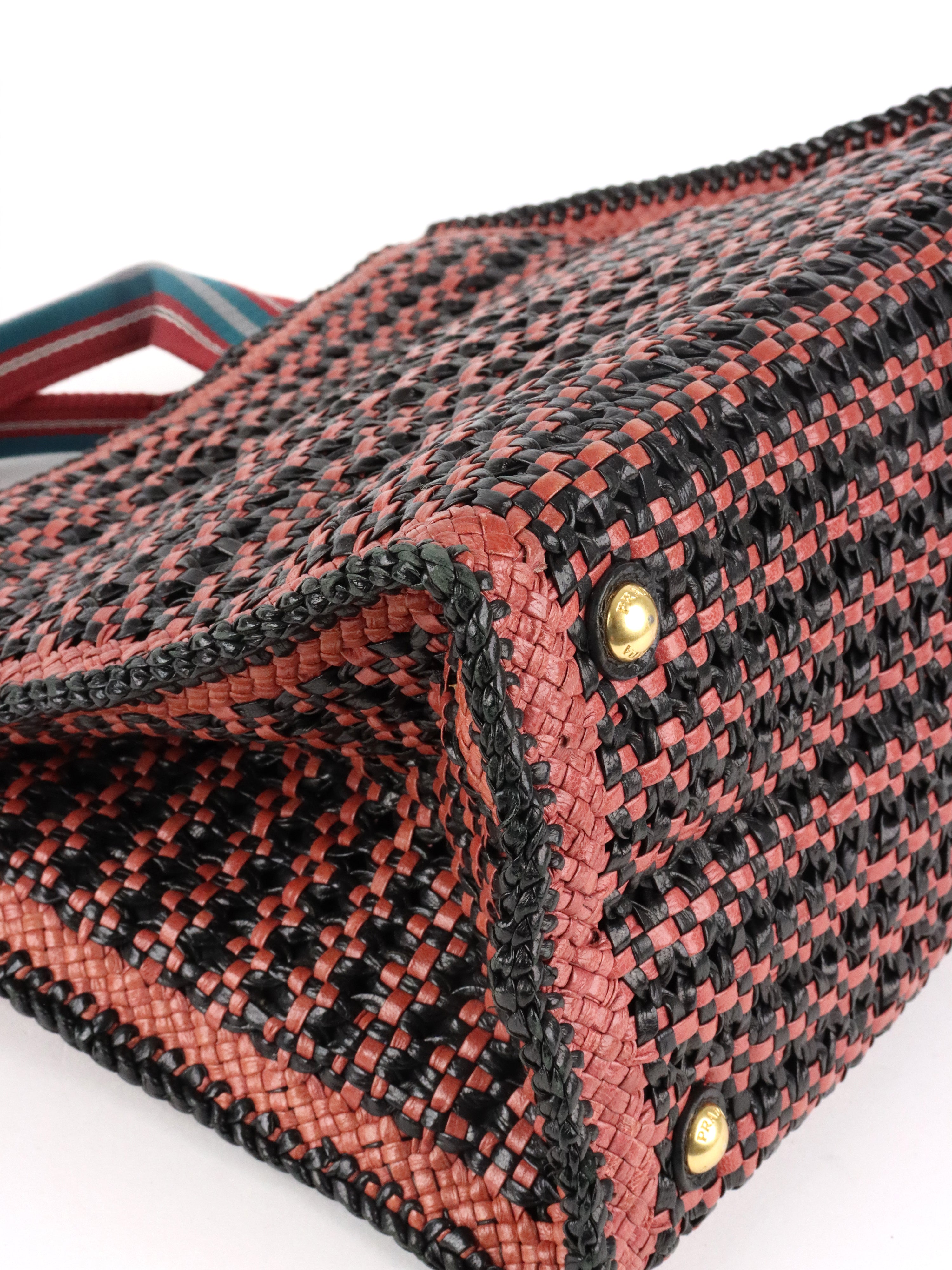 Prada Red/Black Madras Woven Leather Tote Bag