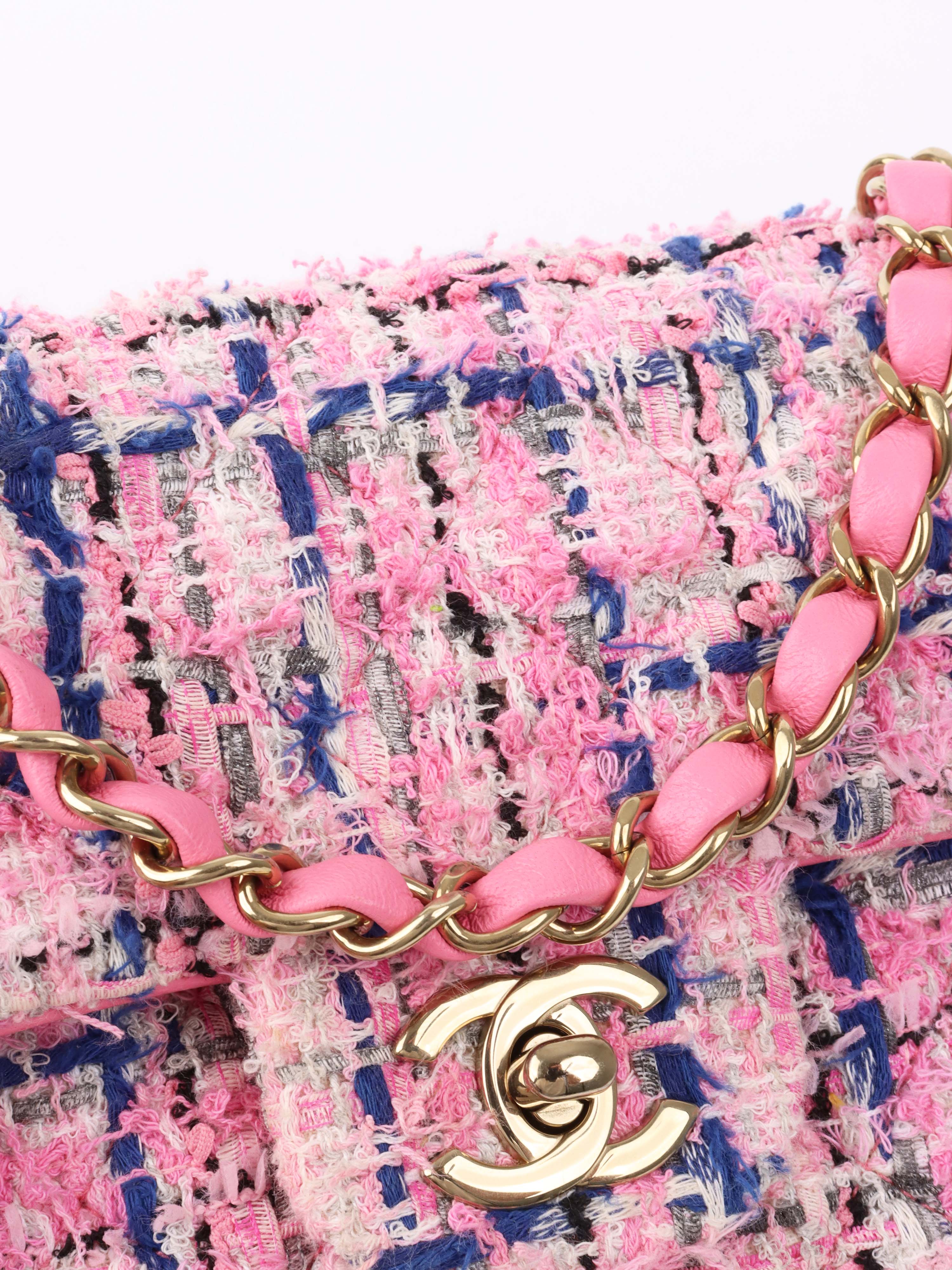 Chanel Pink 
Blue Tweed Mini Rectangular Classic Flap.