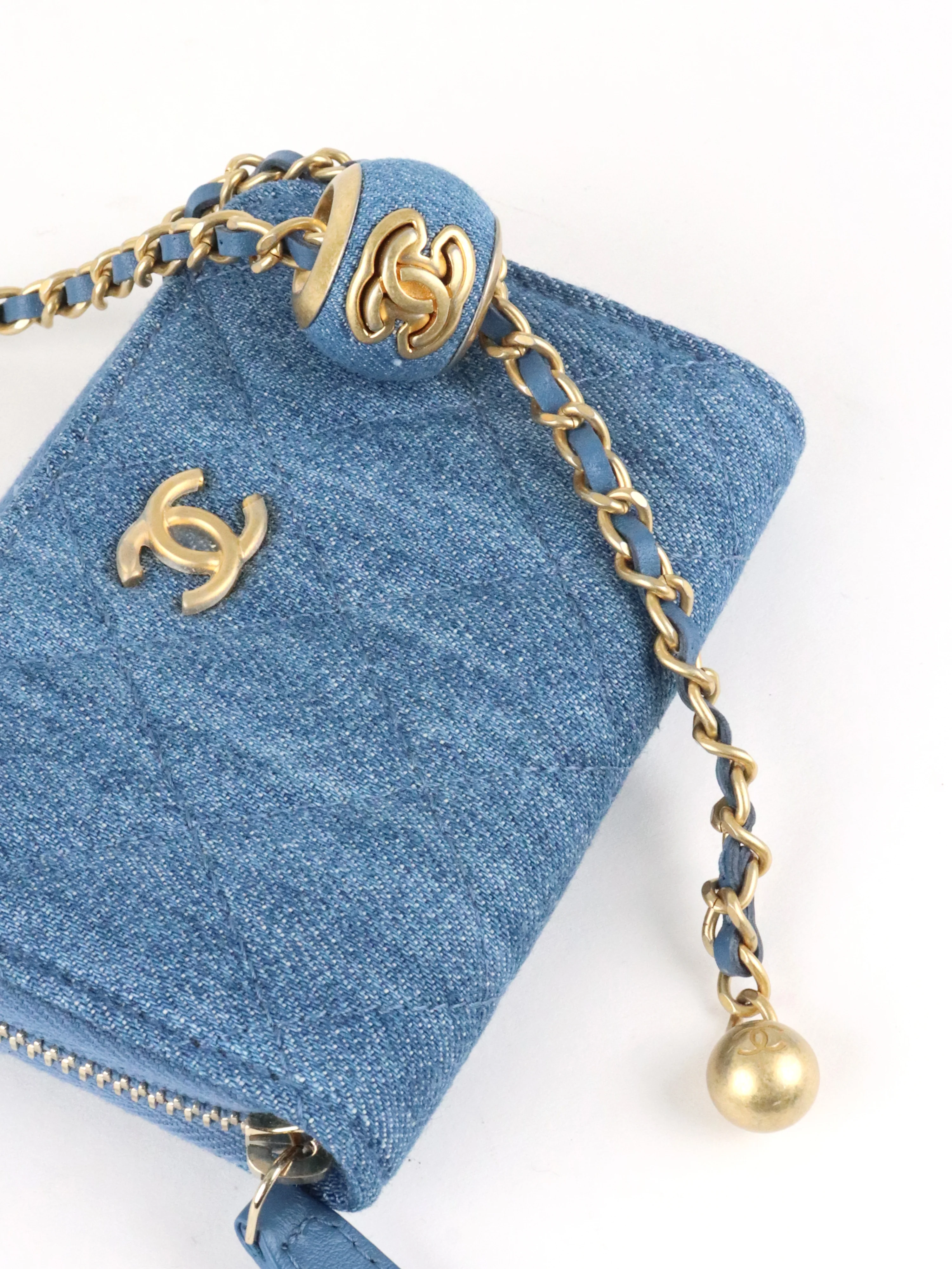 Chanel Mini Denim Cardholder with Pearl Crush