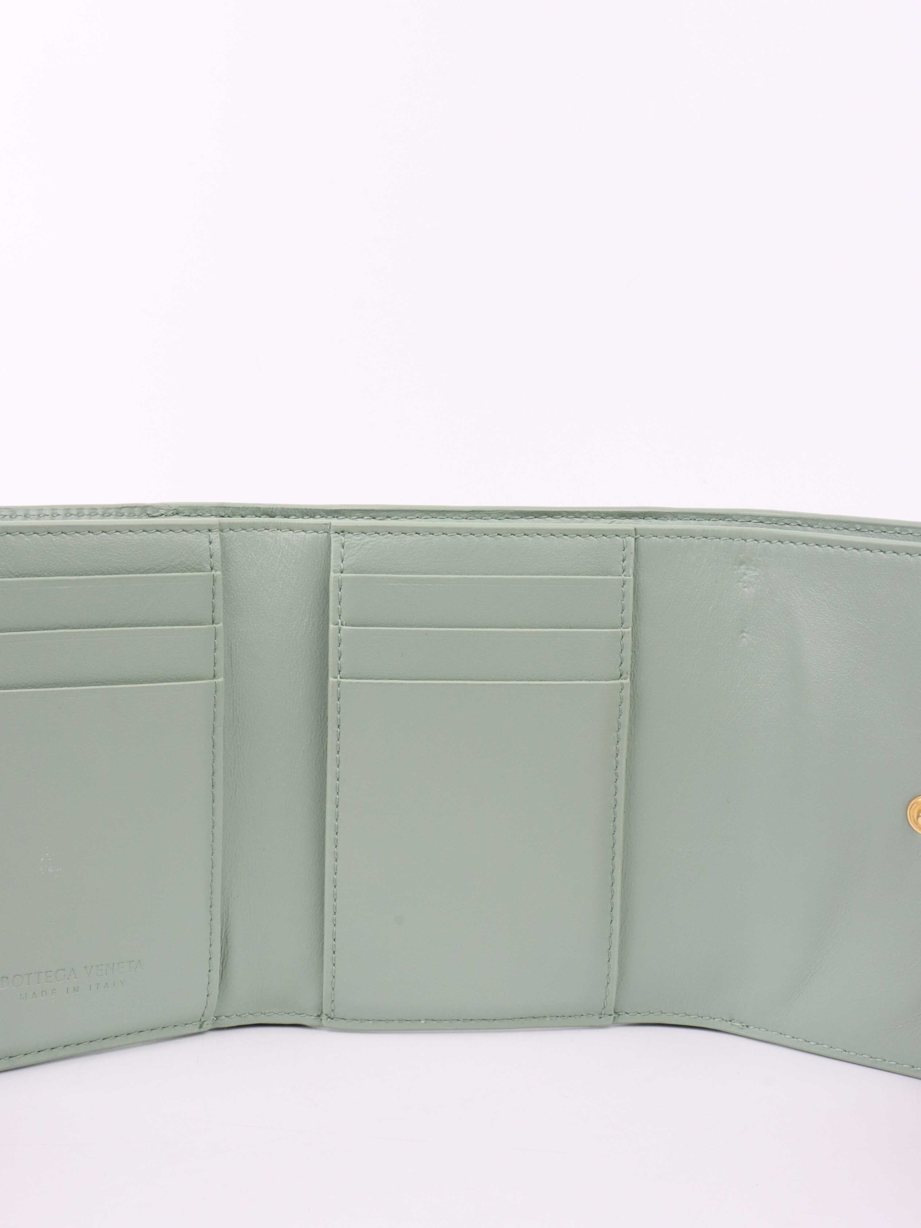 Bottega Veneta Seafoam Cassette Tri-Fold Zip Wallet.