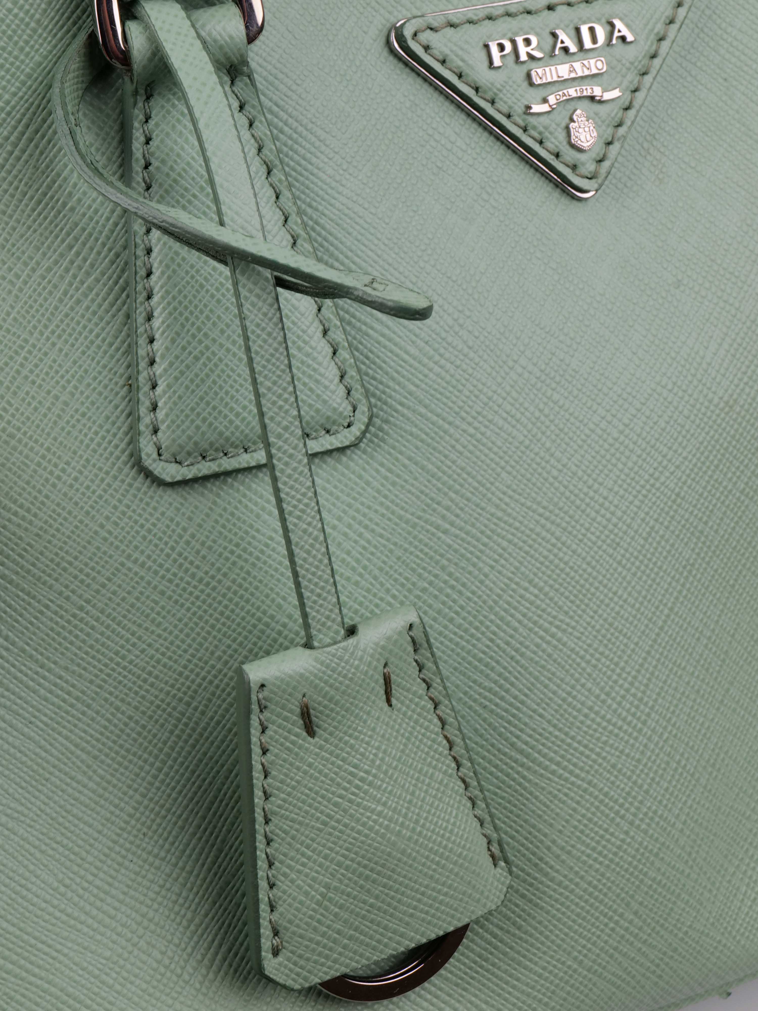 Prada Mint Green Saffiano Double Zipped Small Tote.