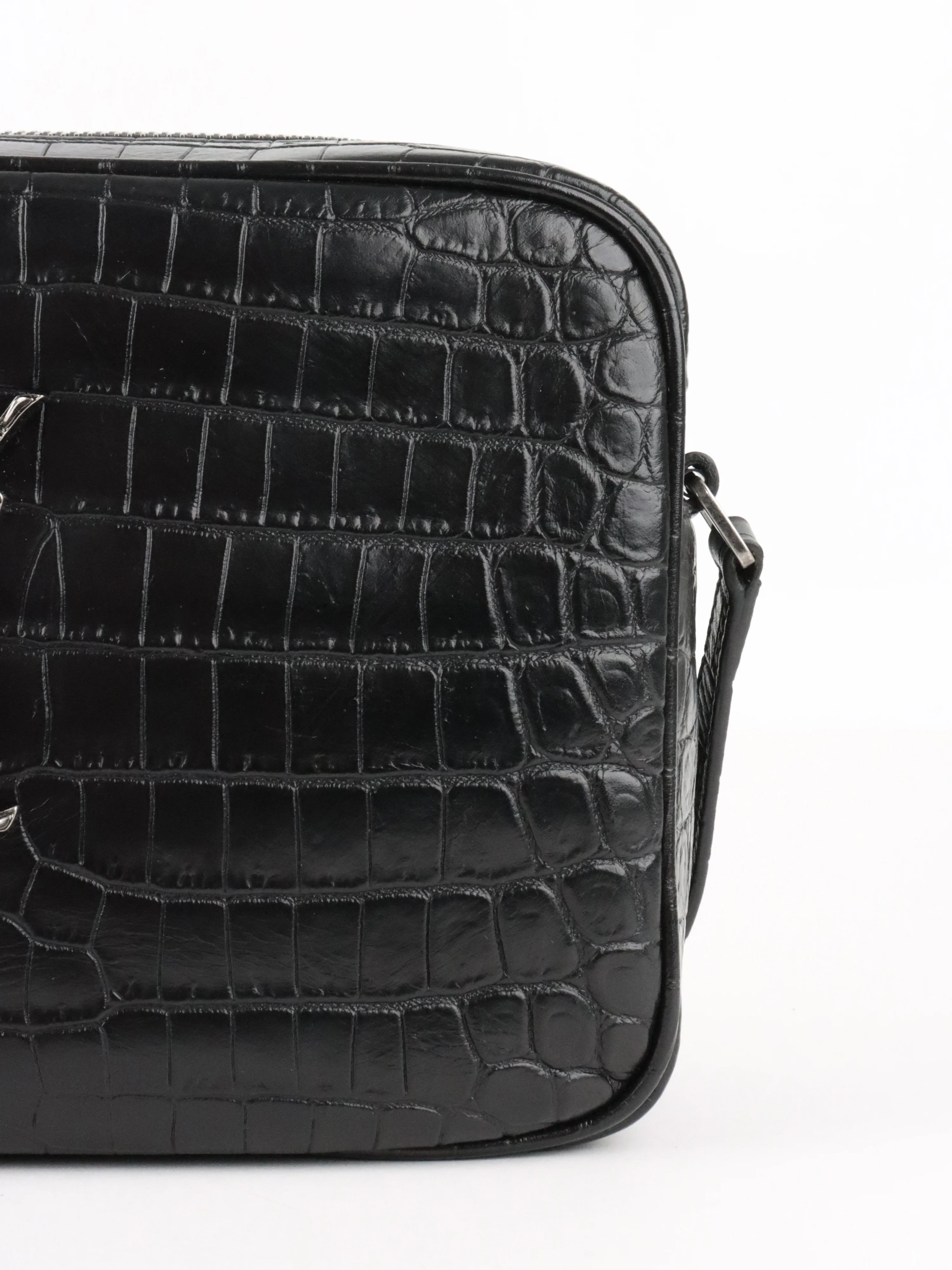 Saint Laurent Black Croc Embossed Camera Lou Bag