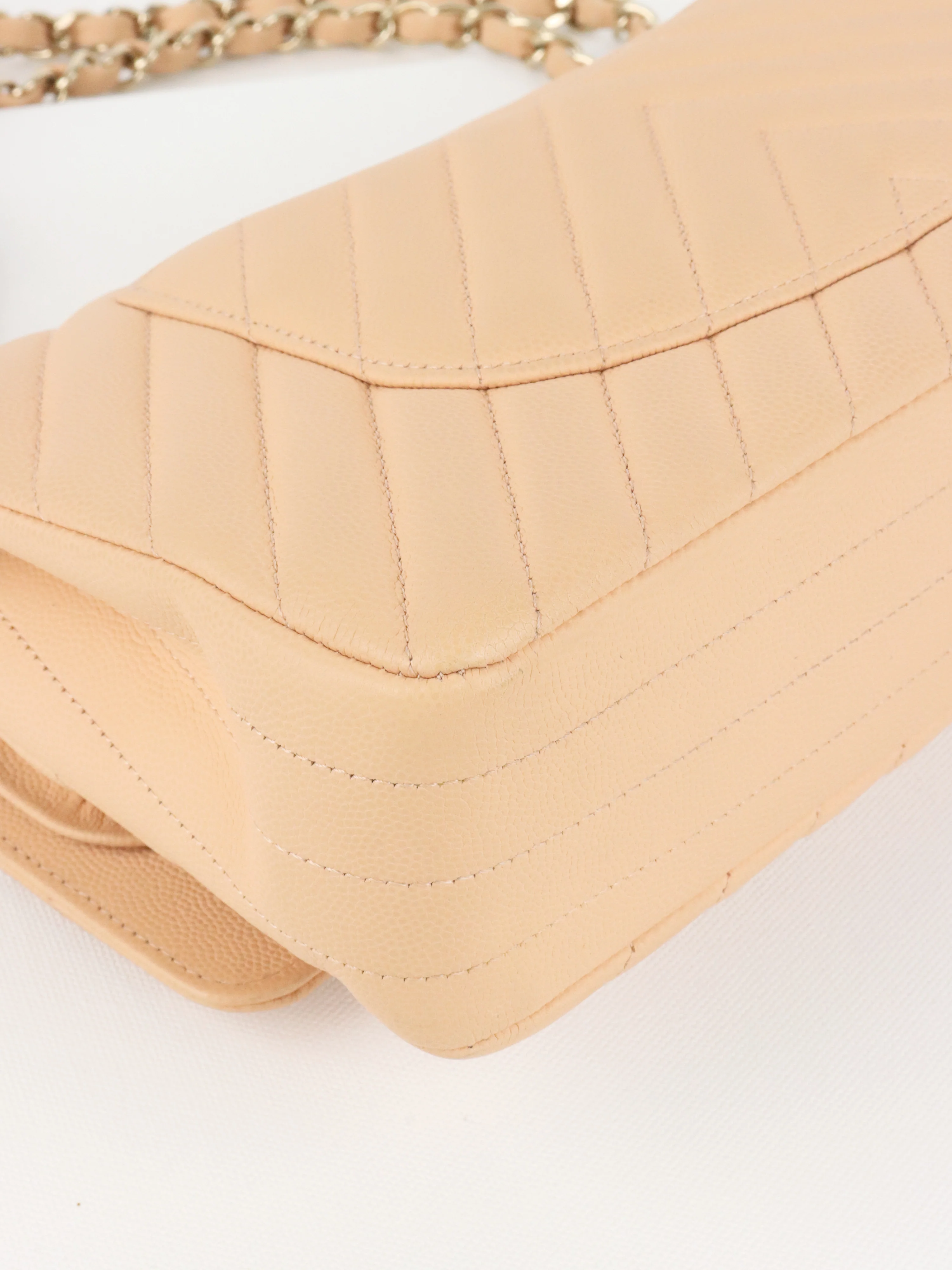 Chanel Beige Claire Chevron Caviar Classic Flap
