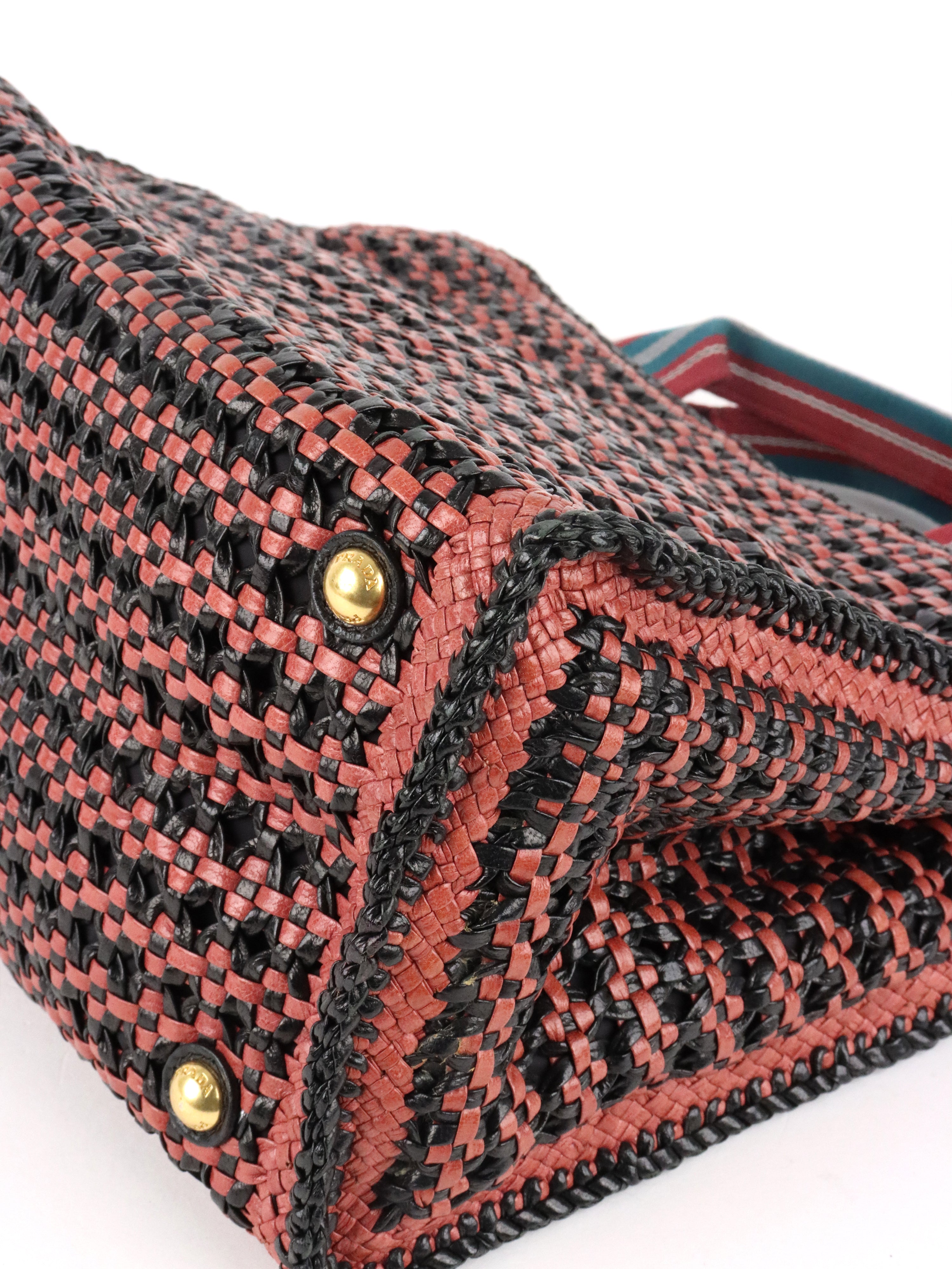Prada Red/Black Madras Woven Leather Tote Bag