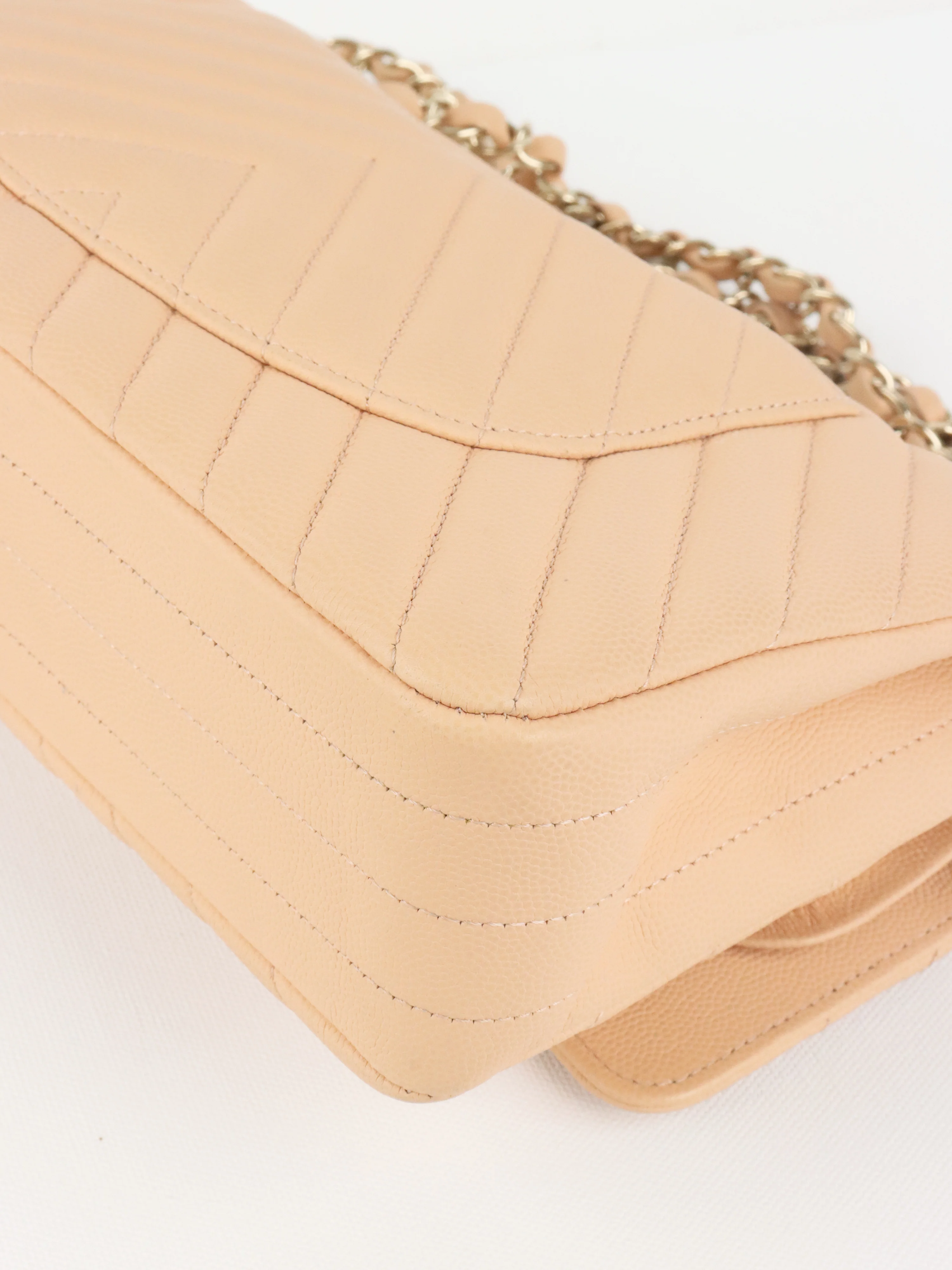 Chanel Beige Claire Chevron Caviar Classic Flap
