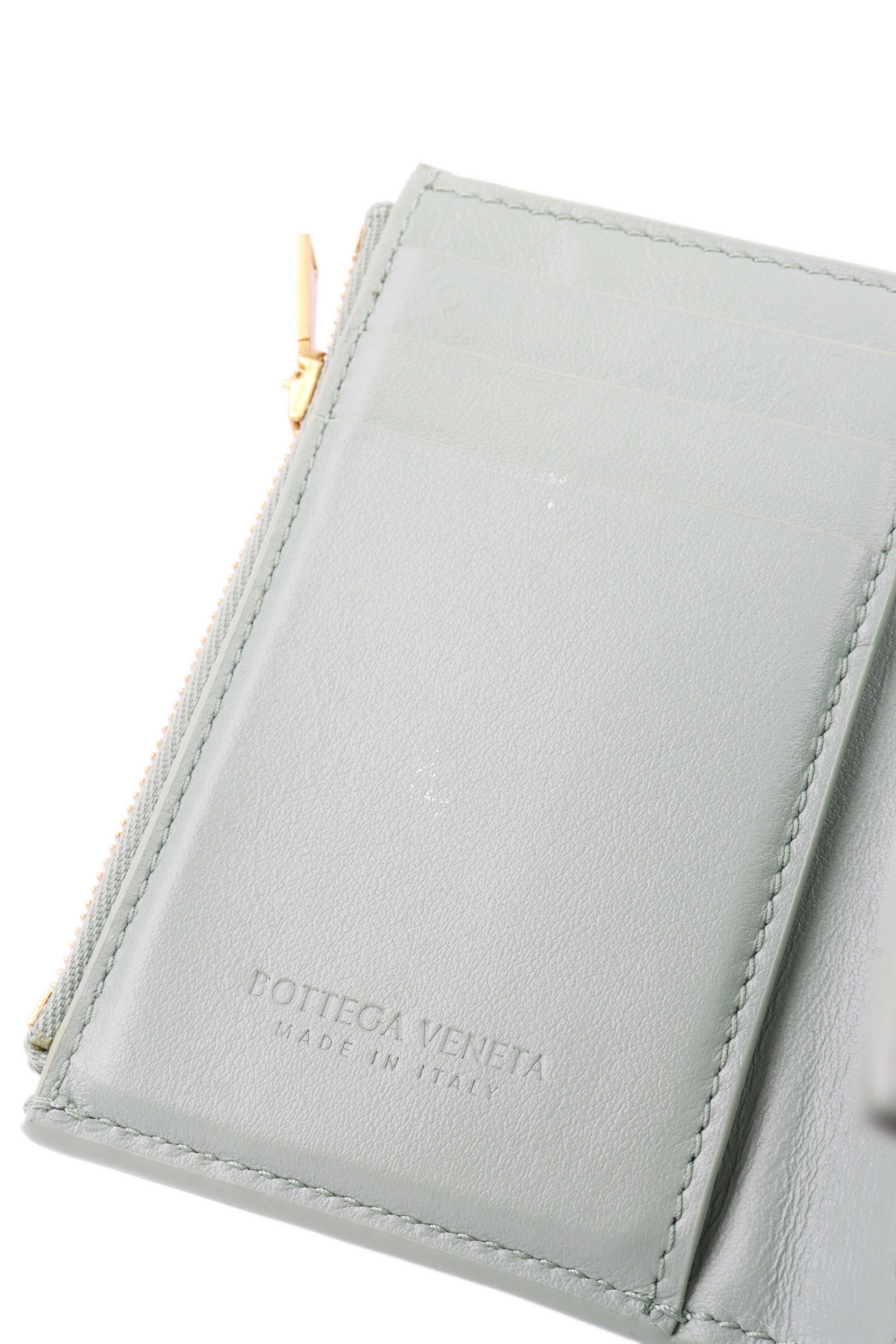 Bottega Veneta Seafoam Cassette Tri-Fold Zip Wallet.