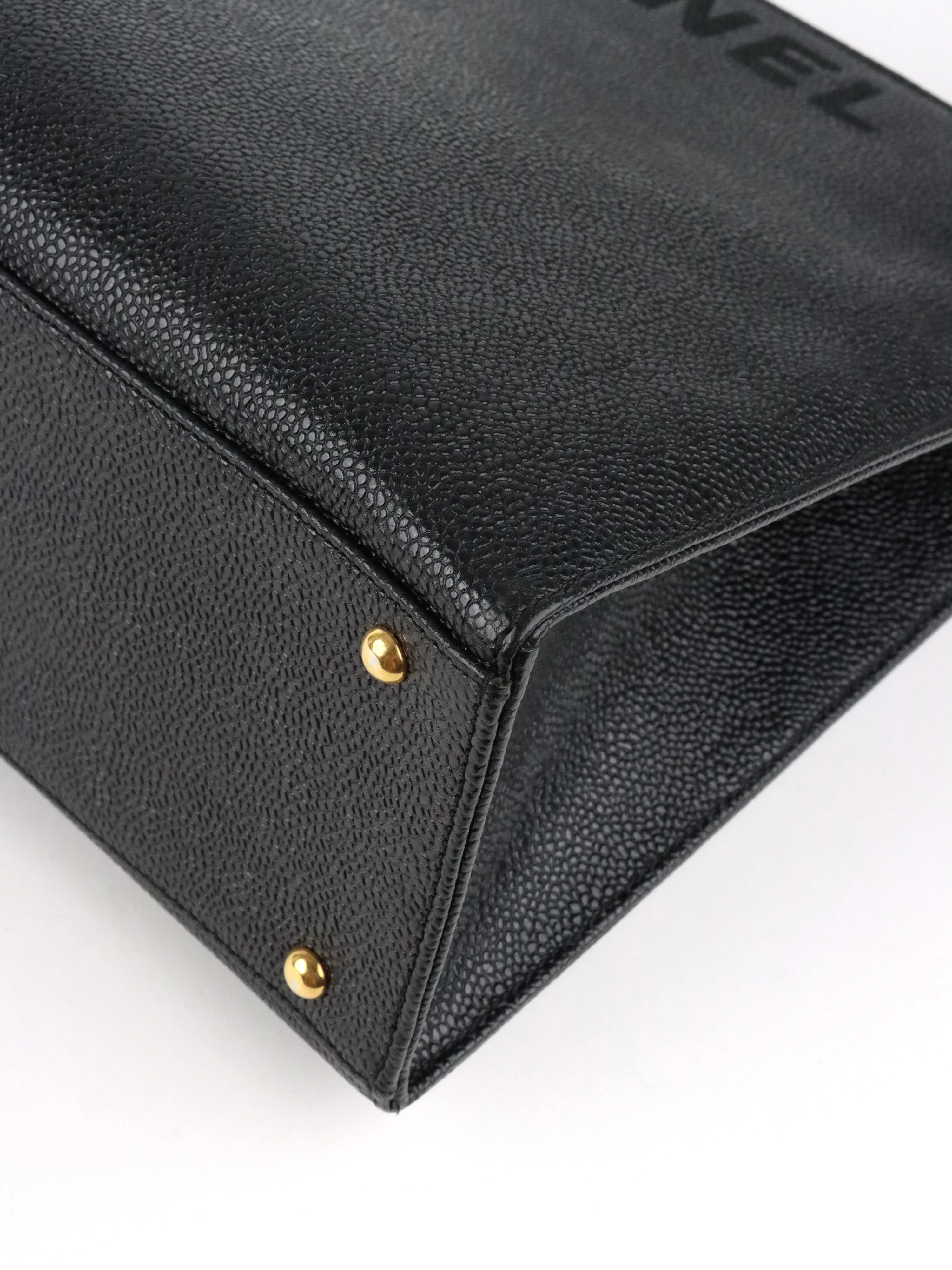 Chanel Vintage Stitched Logo Black Caviar Tote
