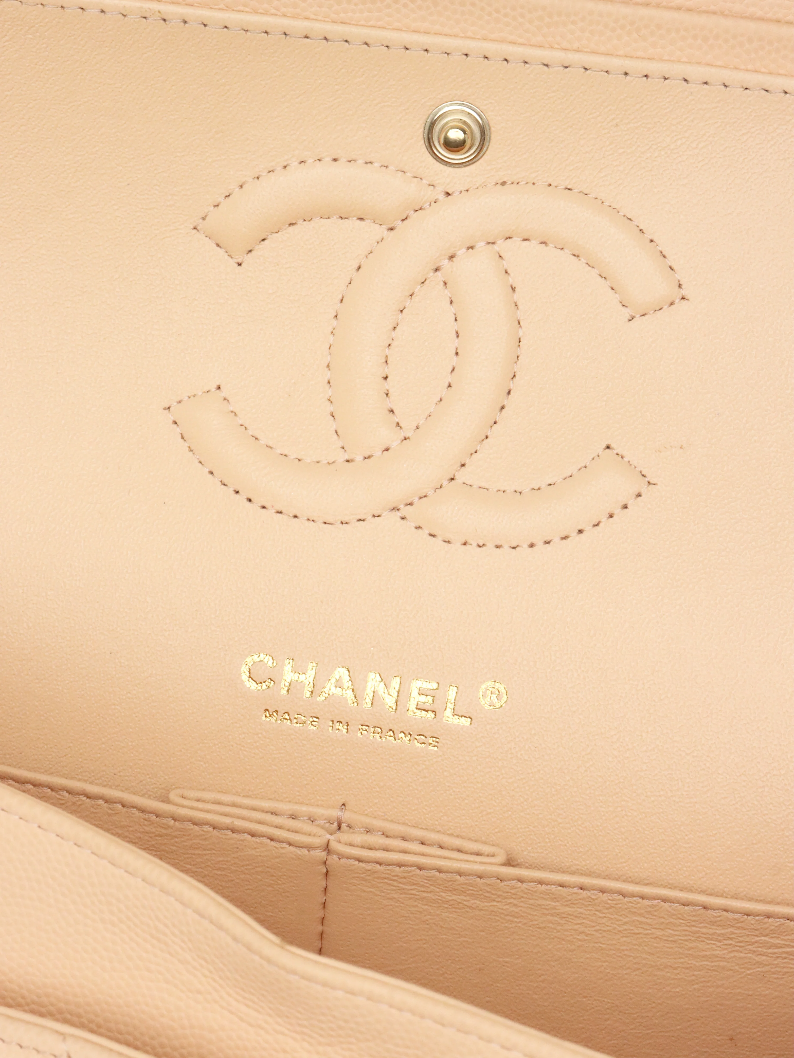 Chanel Beige Claire Chevron Caviar Classic Flap