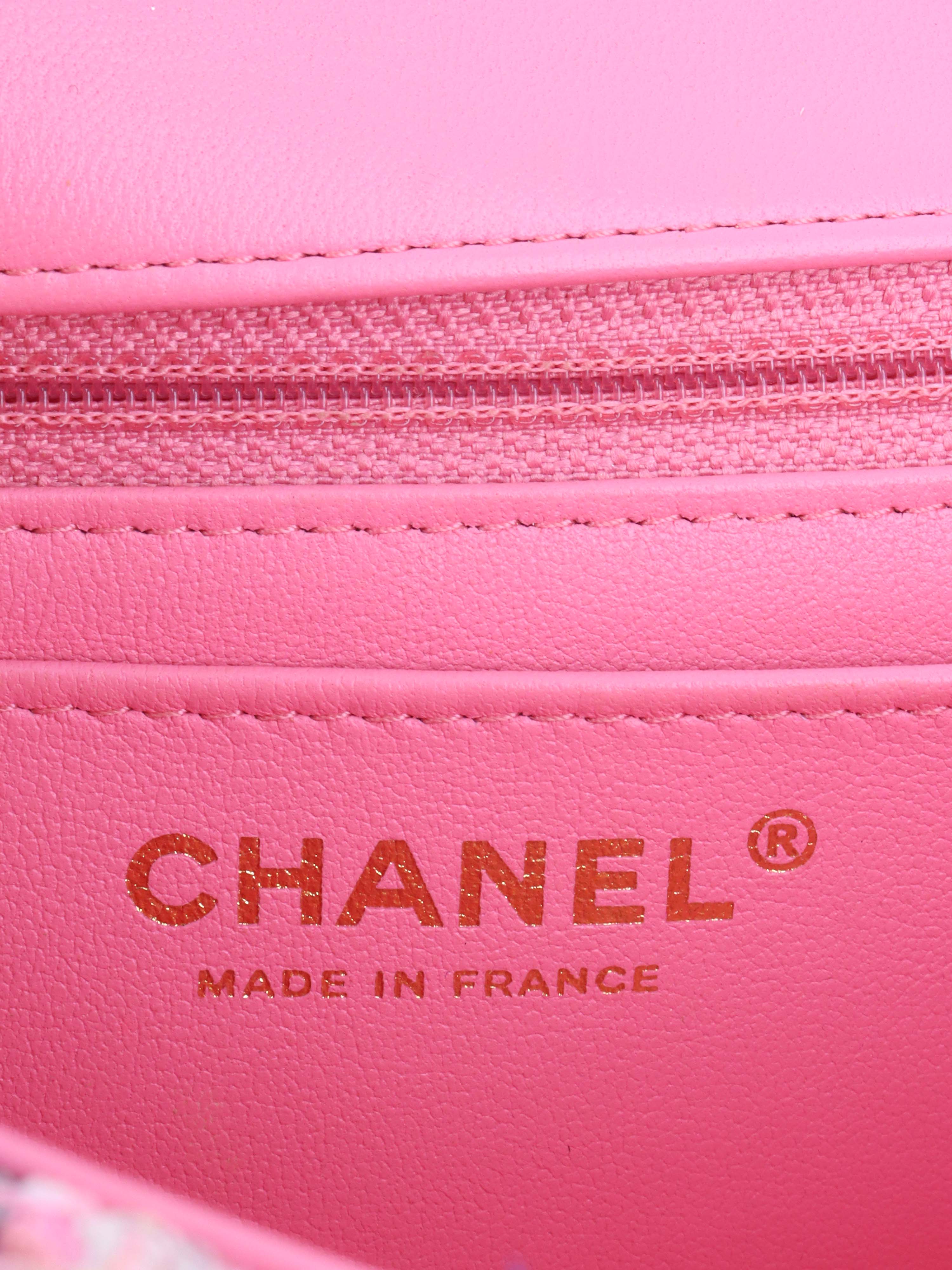 Chanel Pink 
Blue Tweed Mini Rectangular Classic Flap.