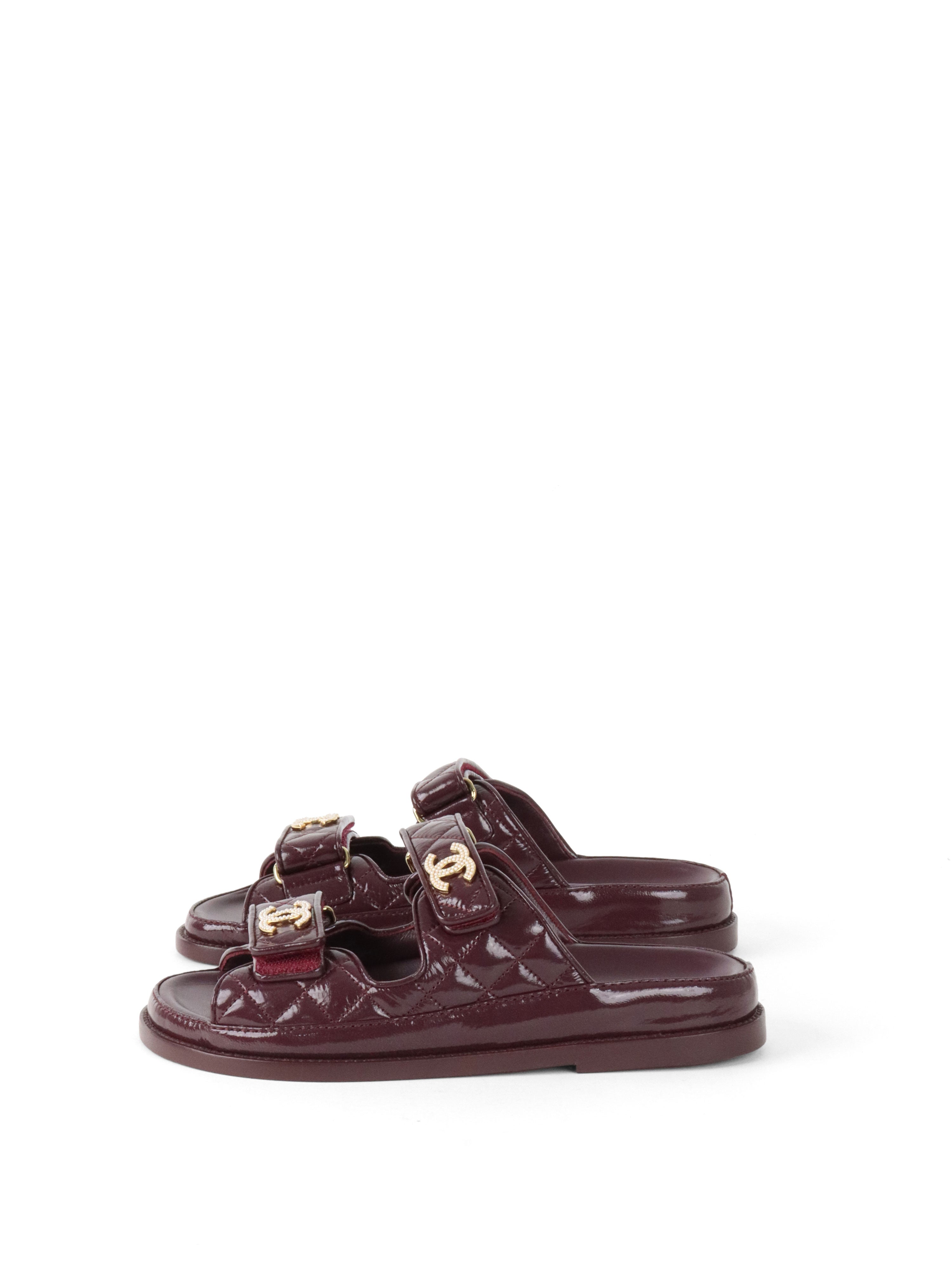 Chanel 21C Burgundy Red Patent Gold CC Logo Mule Slides.
