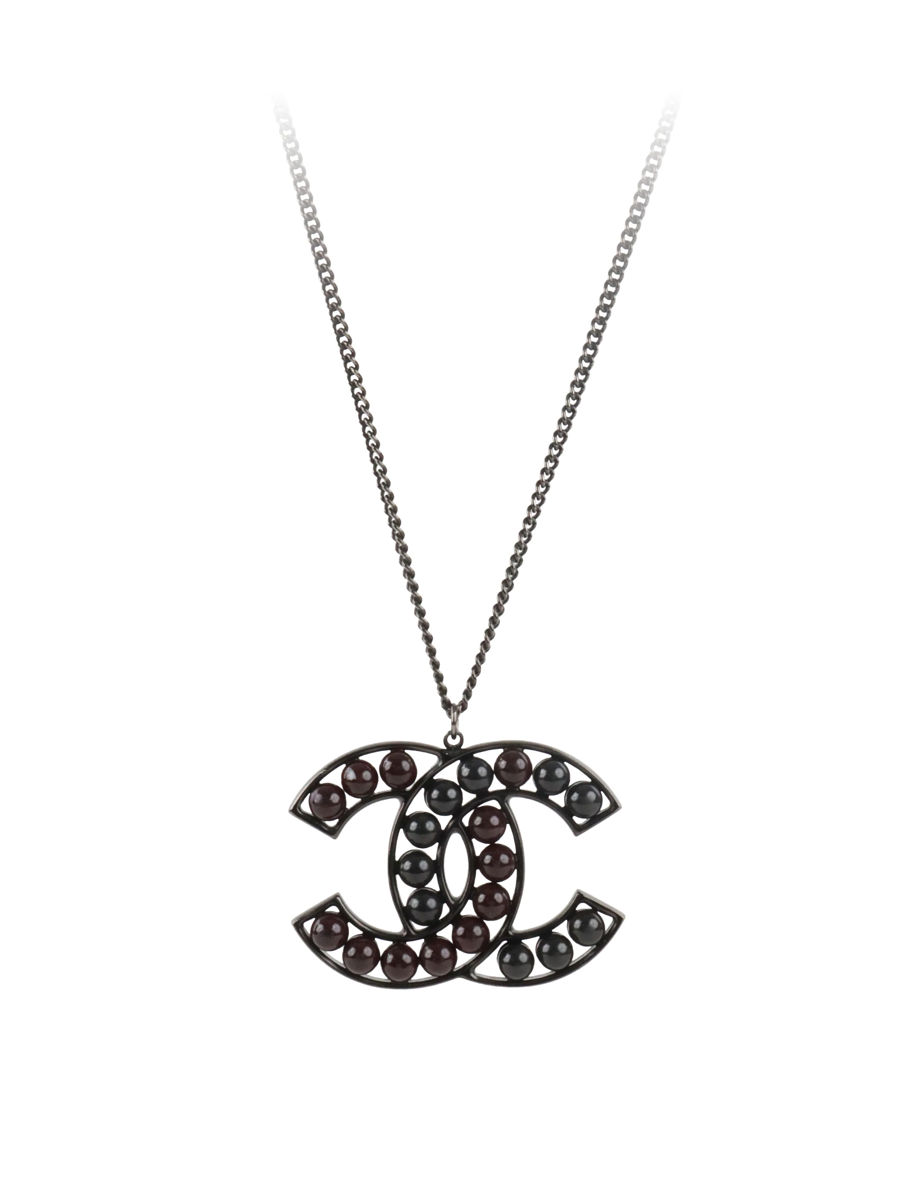 Chanel Black and Dark Burgundy Enamel CC Pendant Necklace