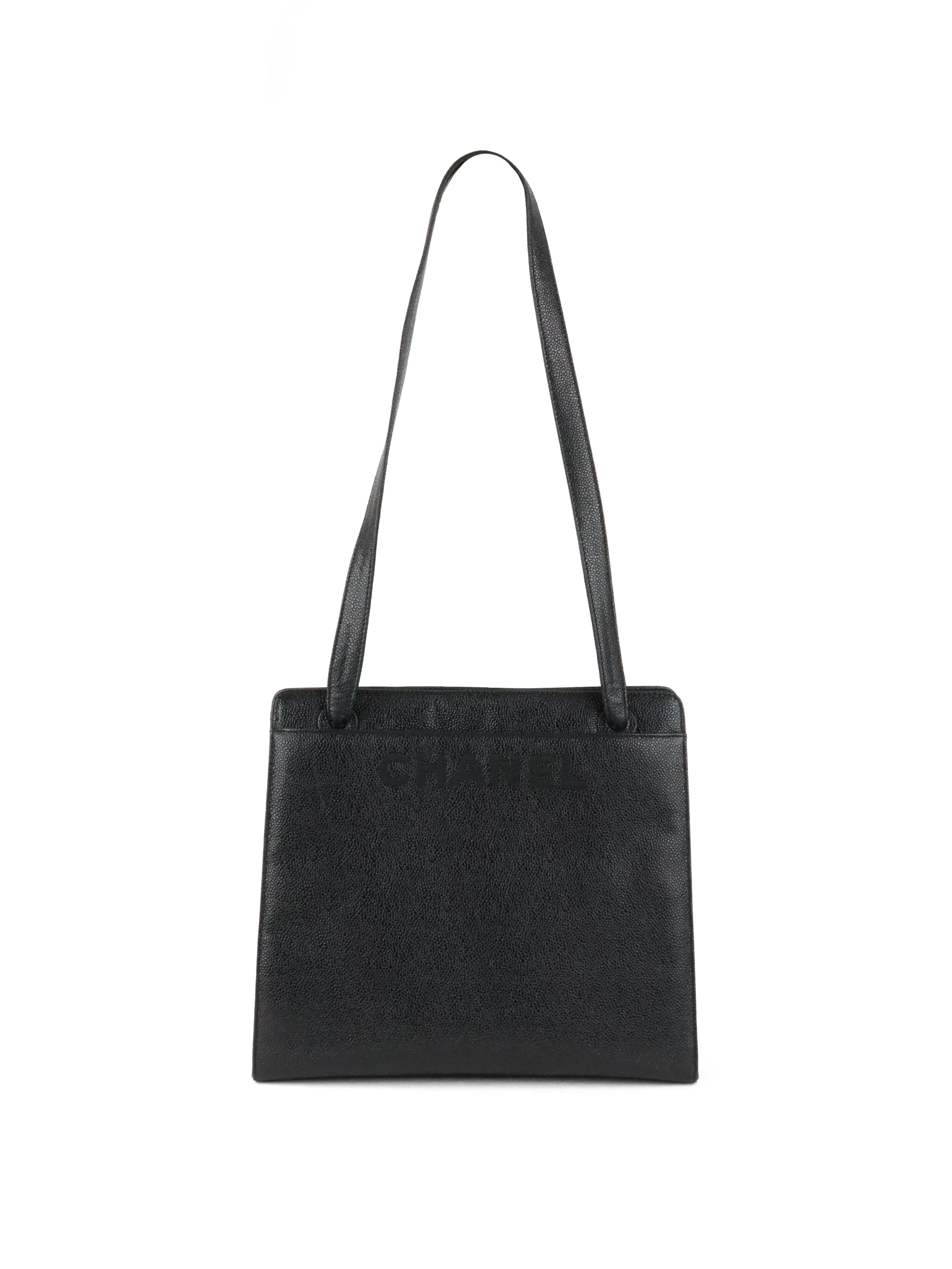 Chanel Vintage Stitched Logo Black Caviar Tote