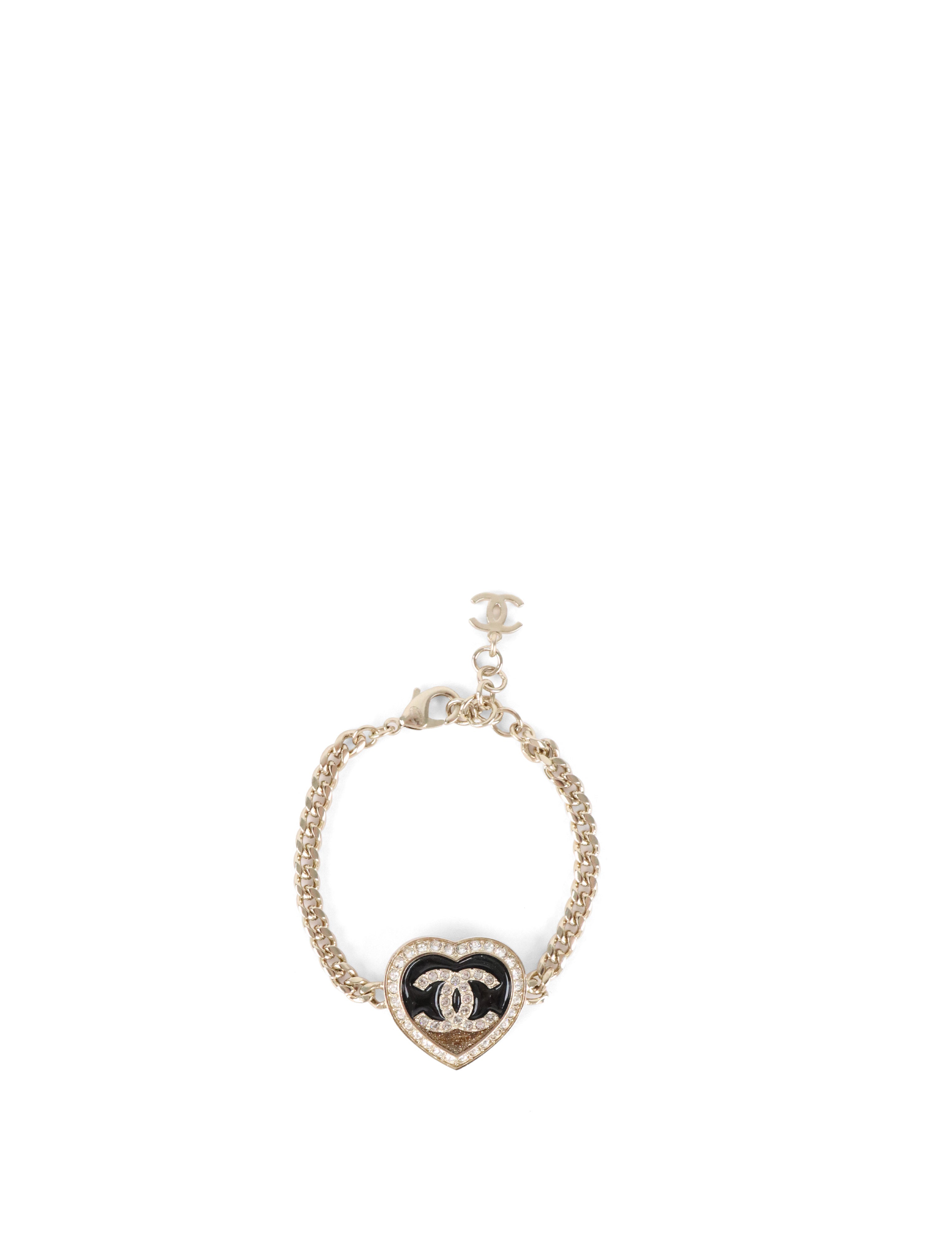 Chanel Black  Gold Crystals CC Heart Charm Bracelet