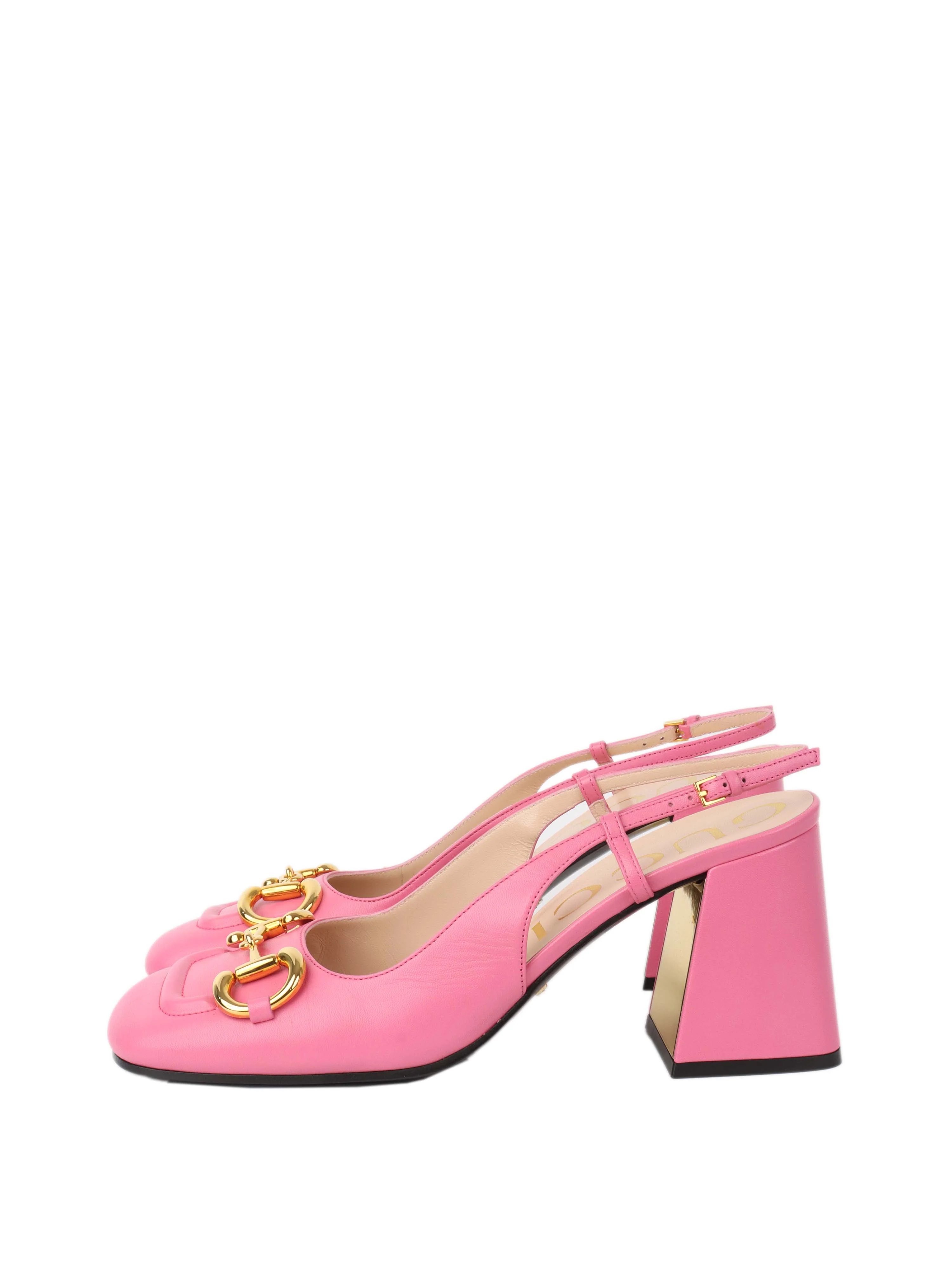 Gucci Pink Horsebit Slingback Pumps.