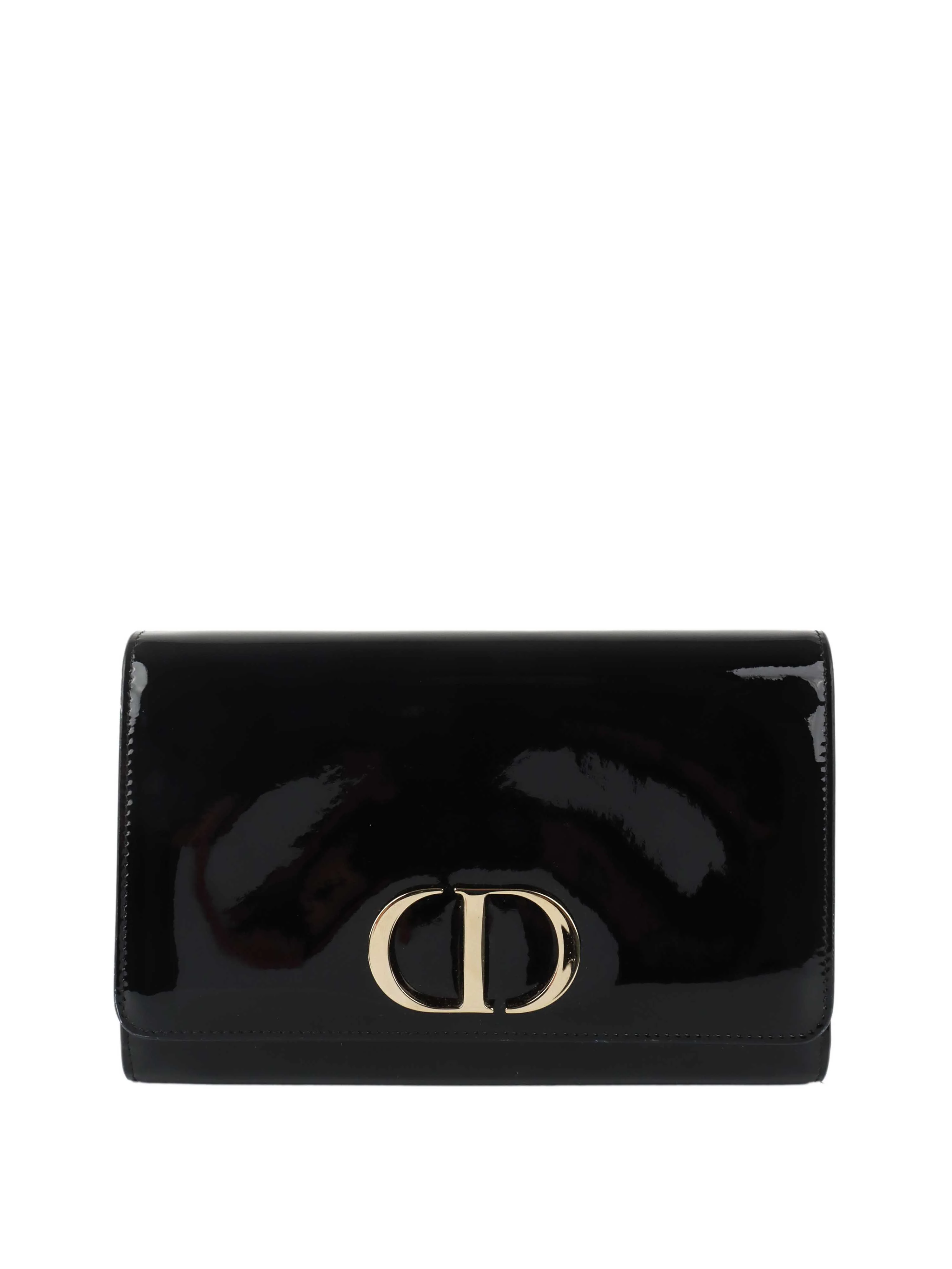 Dior Black Patent Leather 30 Montaigne Chain Clutch.