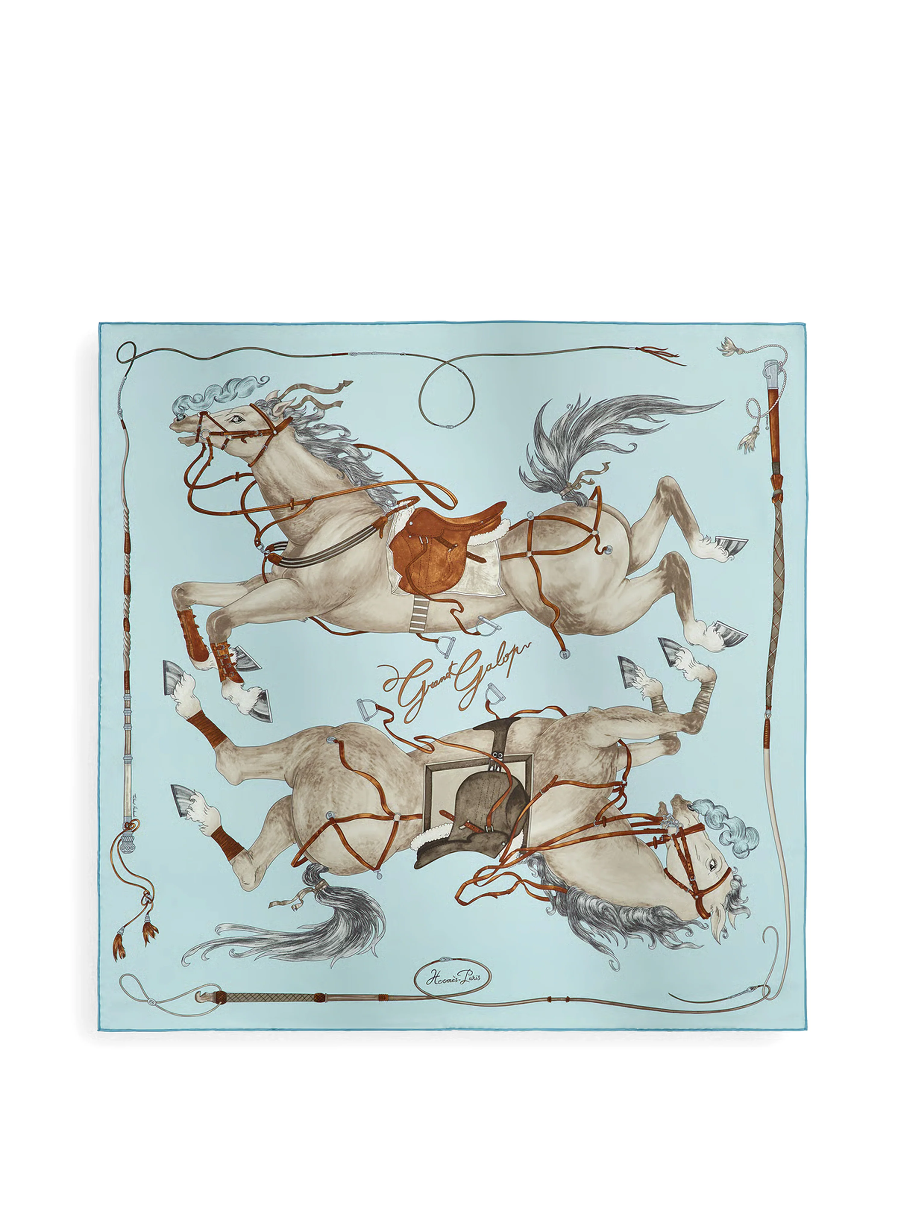 Hermes Bleu Ciel/Gris/Cuir Grand Galop scarf 90