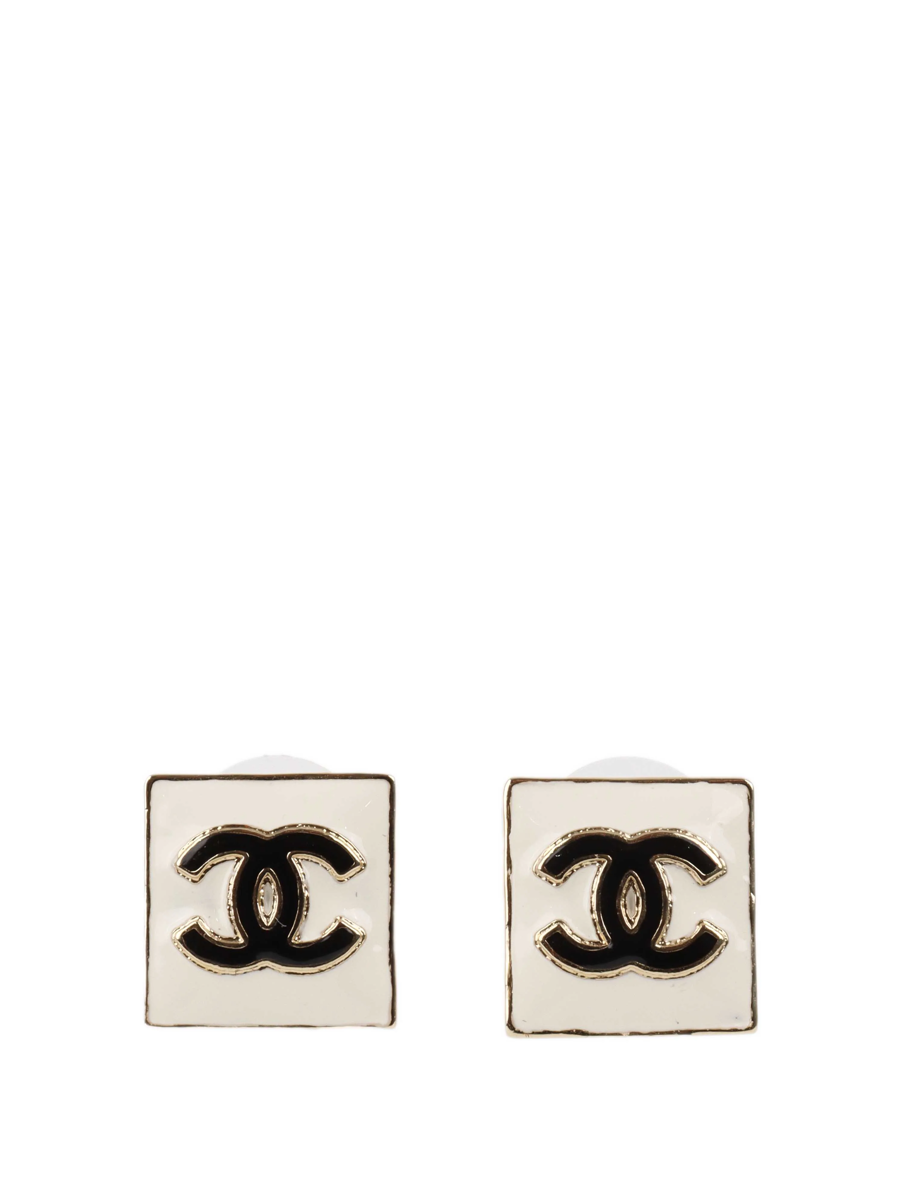 Chanel White CC Square Earrings.