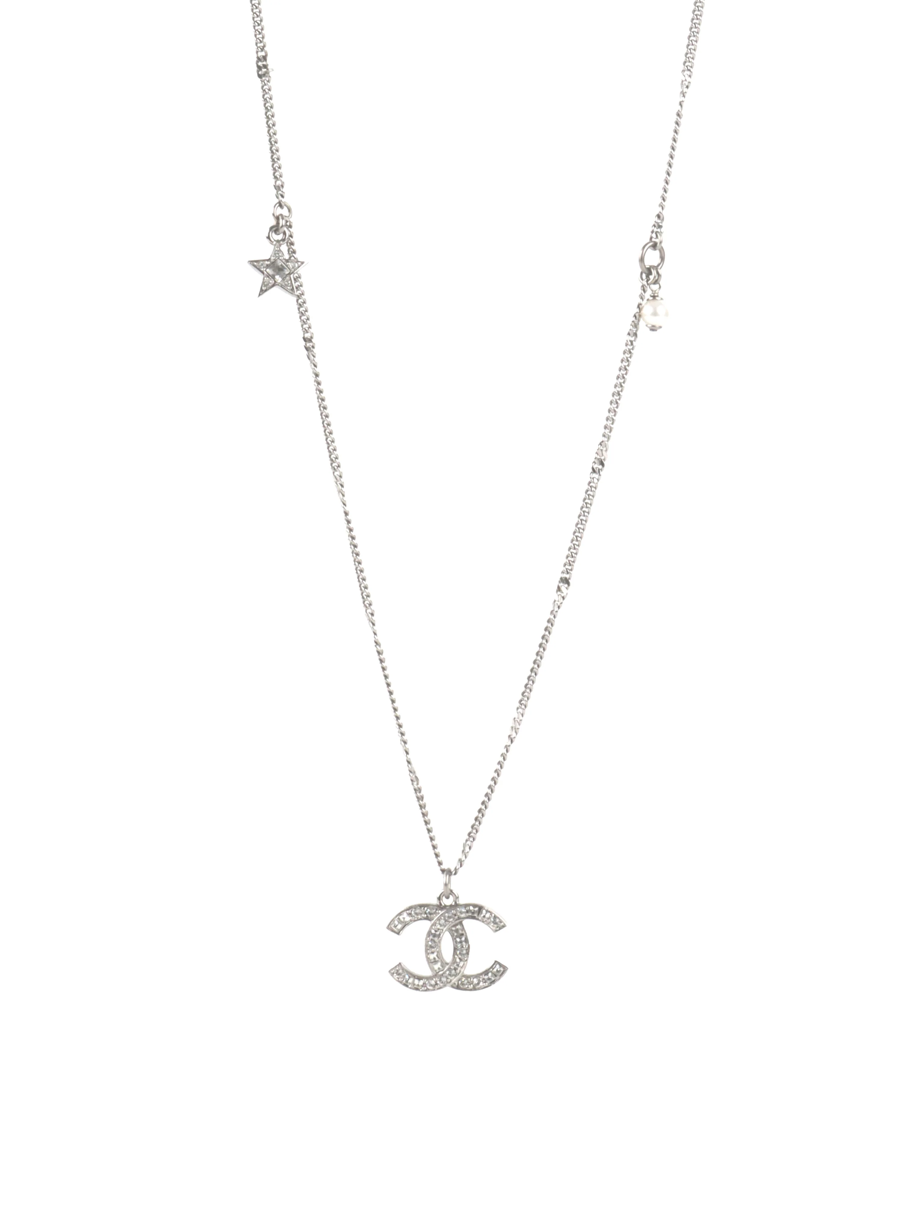 Chanel Metal Silver Crystal CC Long Necklace