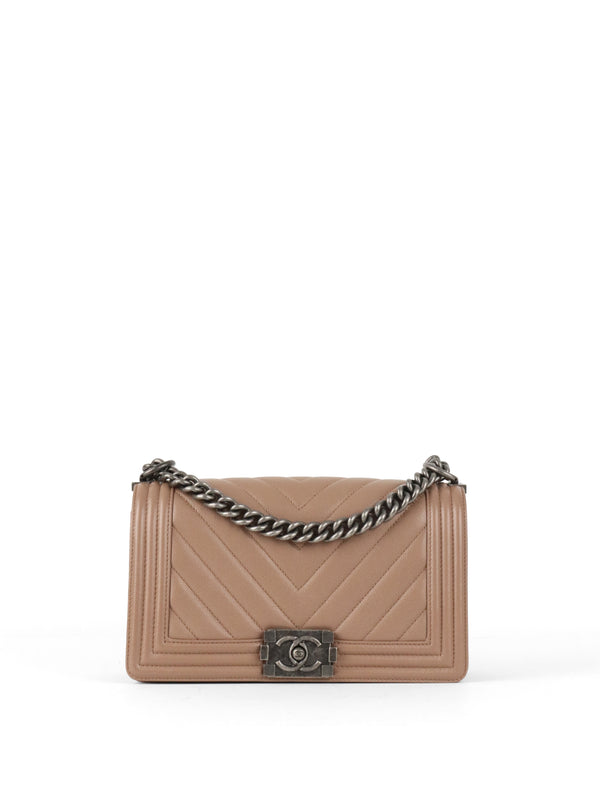 Chanel Dark Beige Chevron Old Medium Caviar Boy Bag