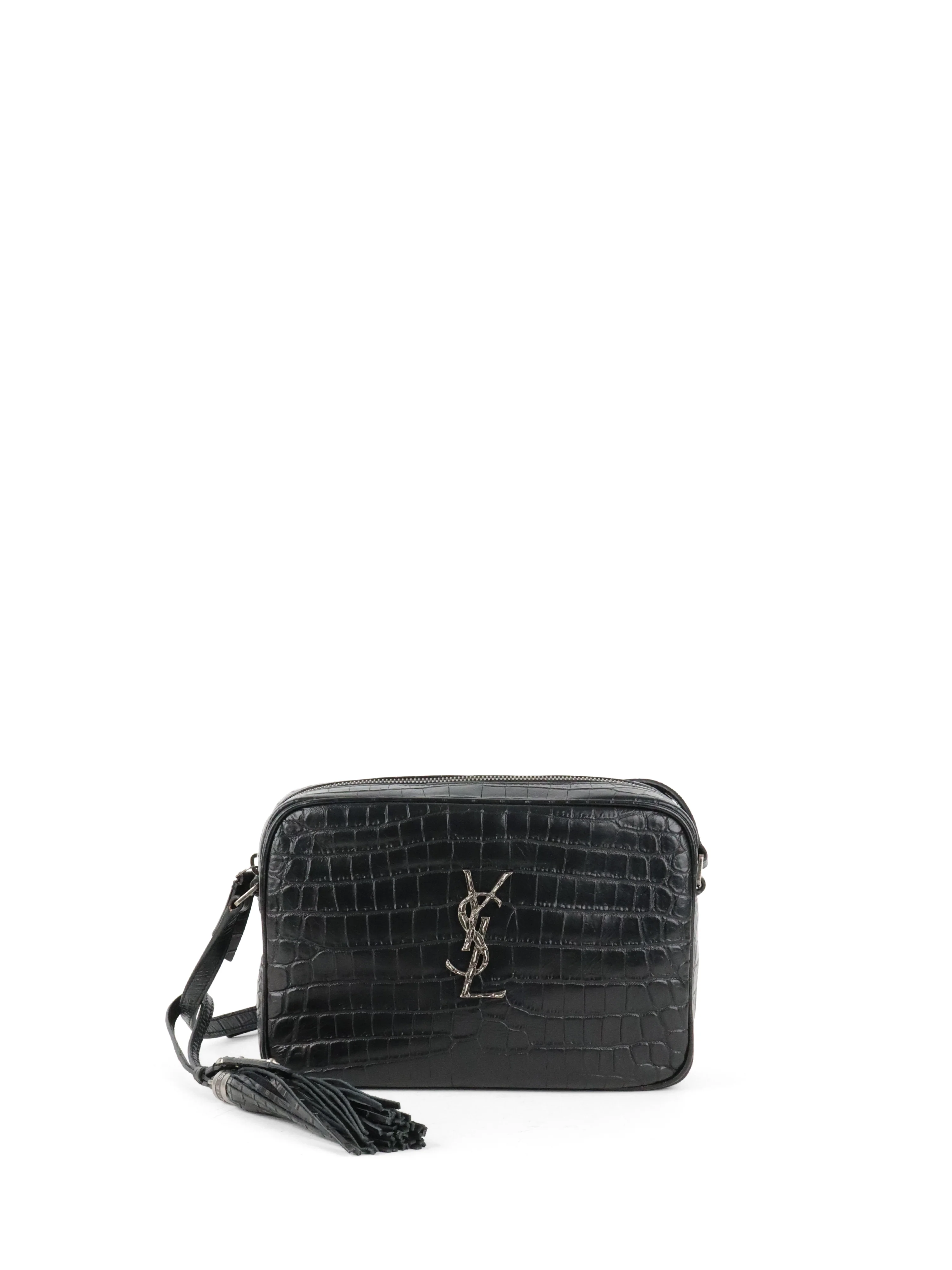 Saint Laurent Black Croc Embossed Camera Lou Bag