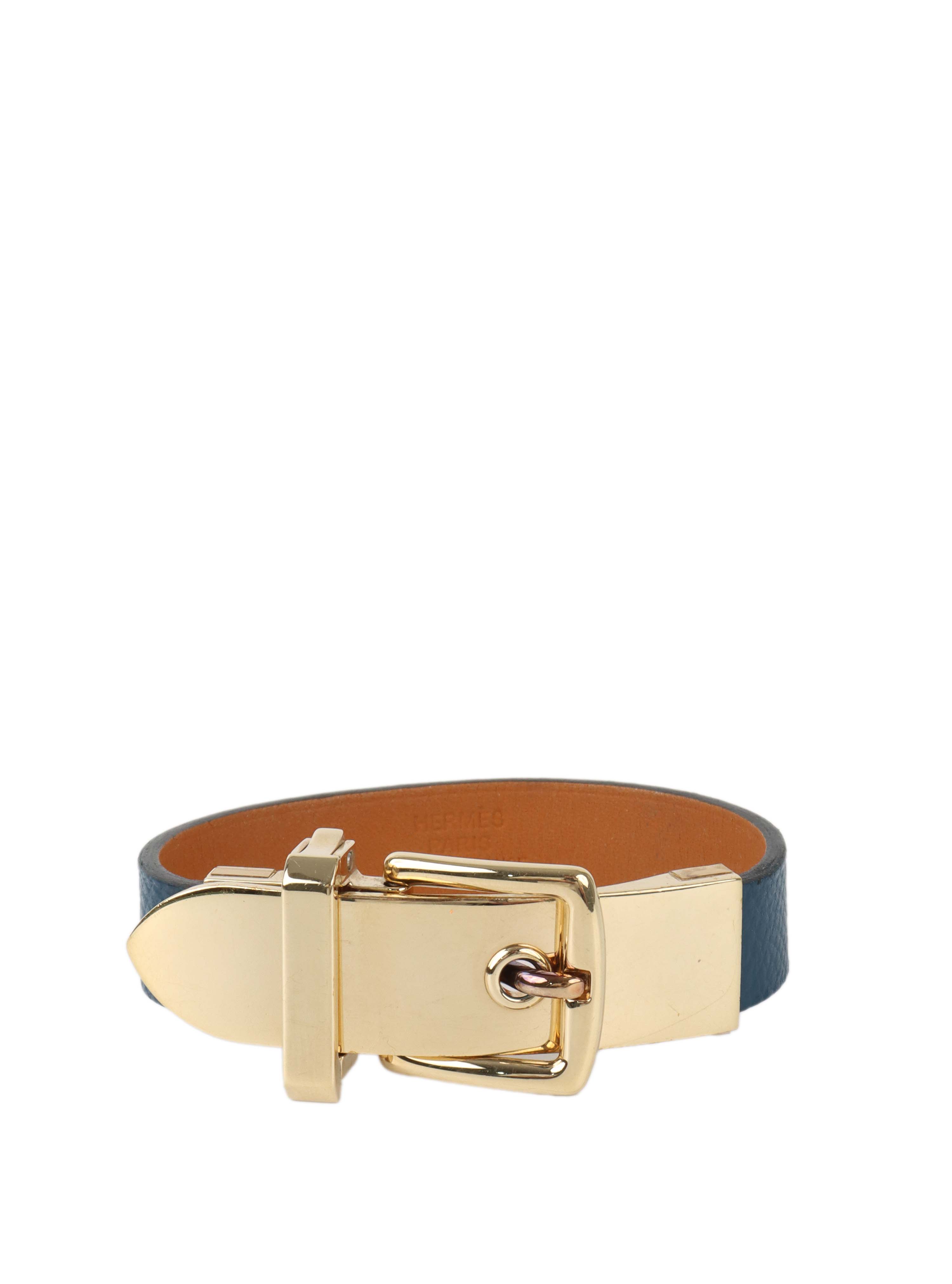 Hermes Navy Leather Buckled Bracelet.