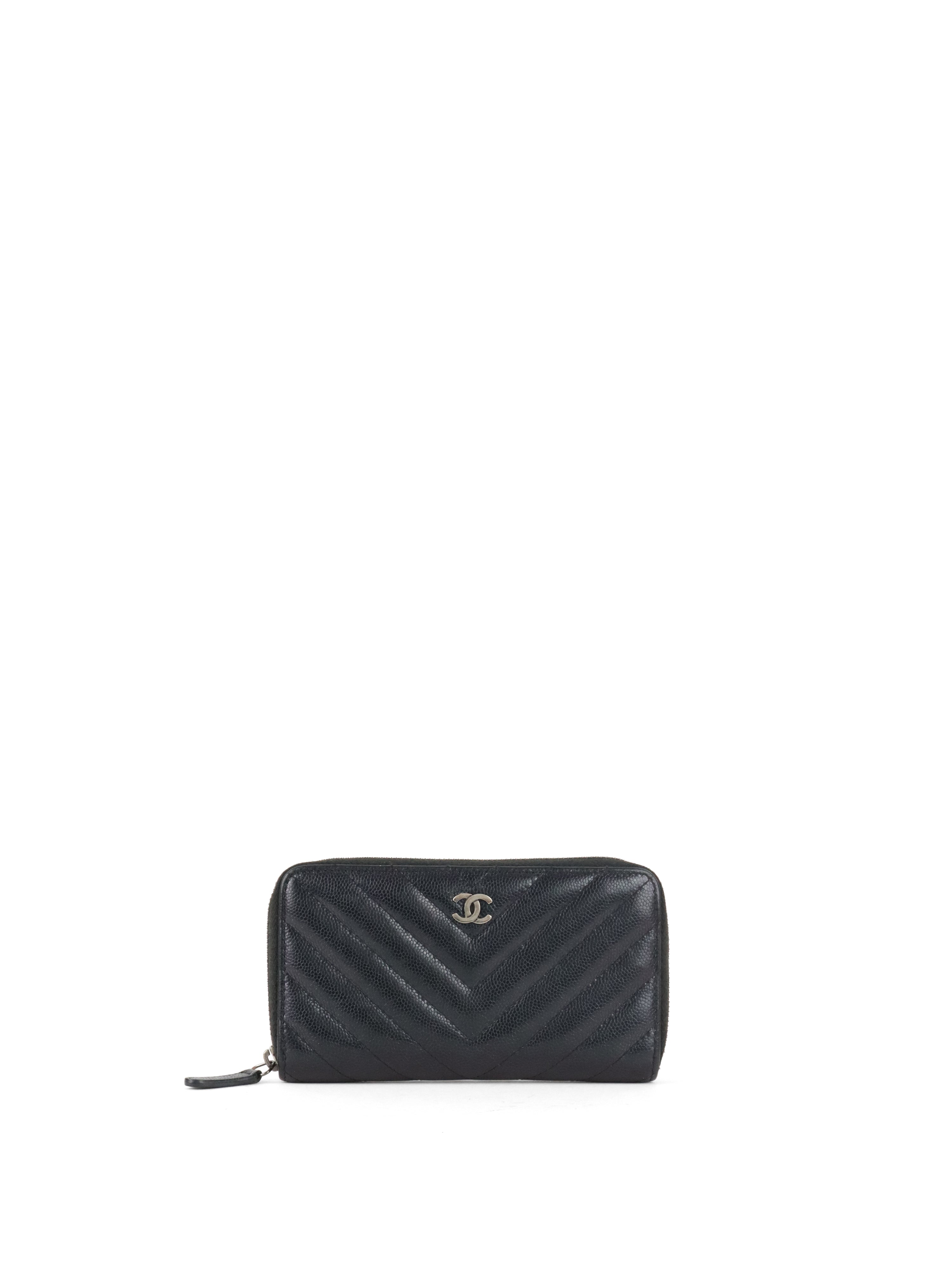 Chanel Irredescent Dark Charcoal Caviar Chevron Zip Wallet