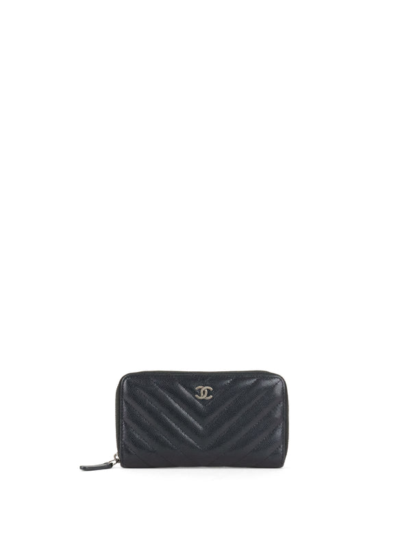 Chanel Irredescent Dark Charcoal Caviar Chevron Zip Wallet