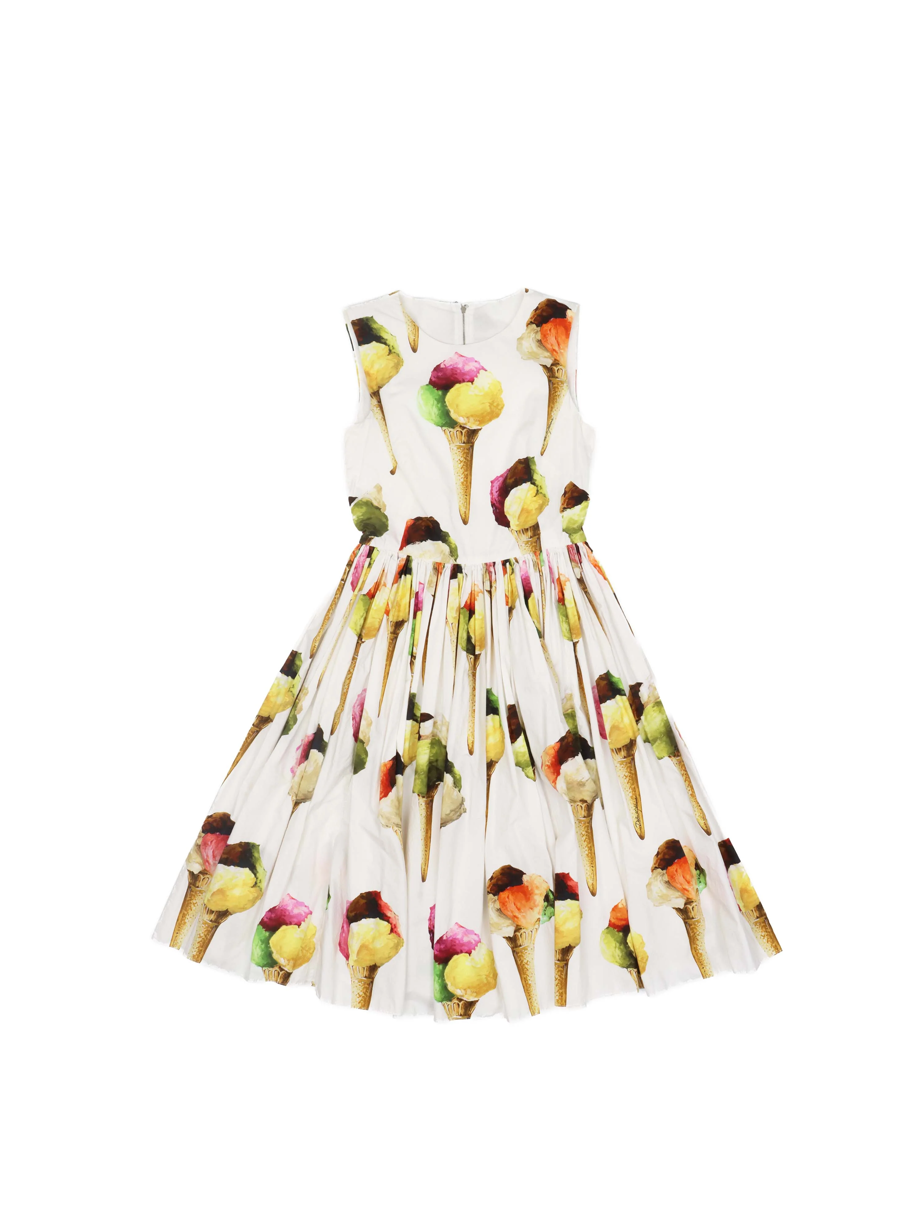 Dolce  Gabbana White Ice Cream Print Cotton Gathered Dress.