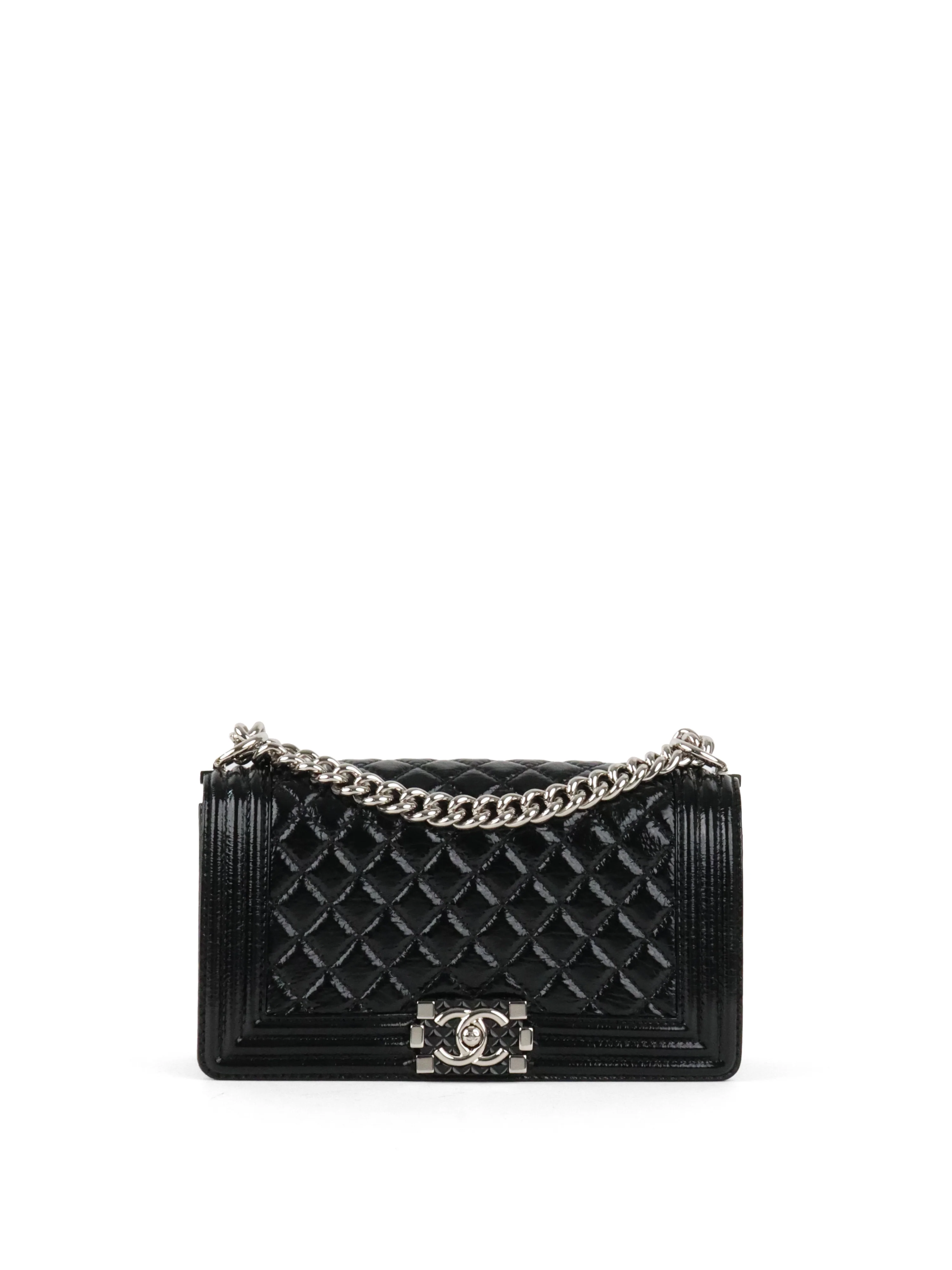 Chanel Black Crinkled Patent with Diamond Quilted Lock Medium Boy Bag