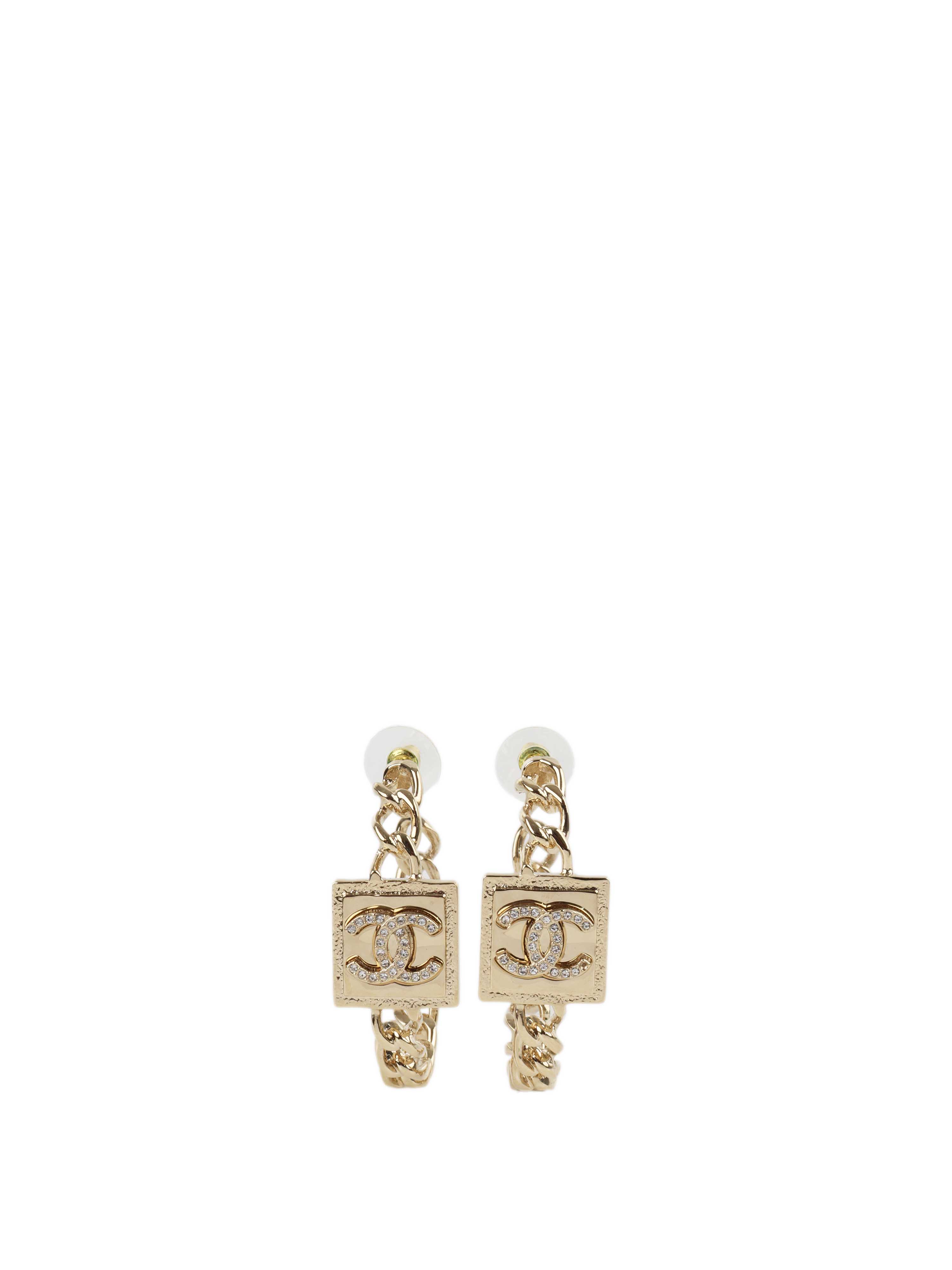 Chanel Crystal Square Chain Hoop Earrings.