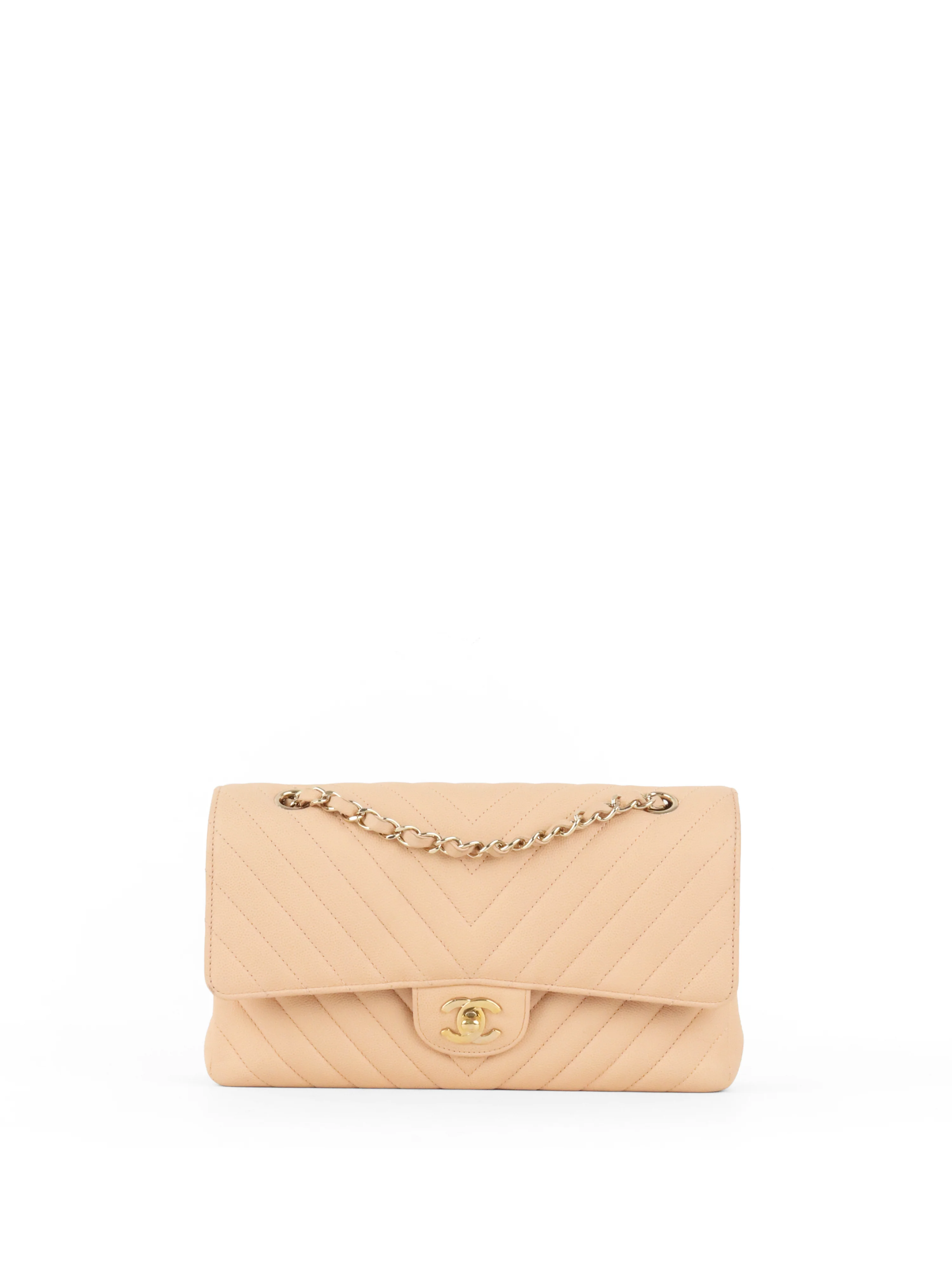 Chanel Beige Claire Chevron Caviar Classic Flap