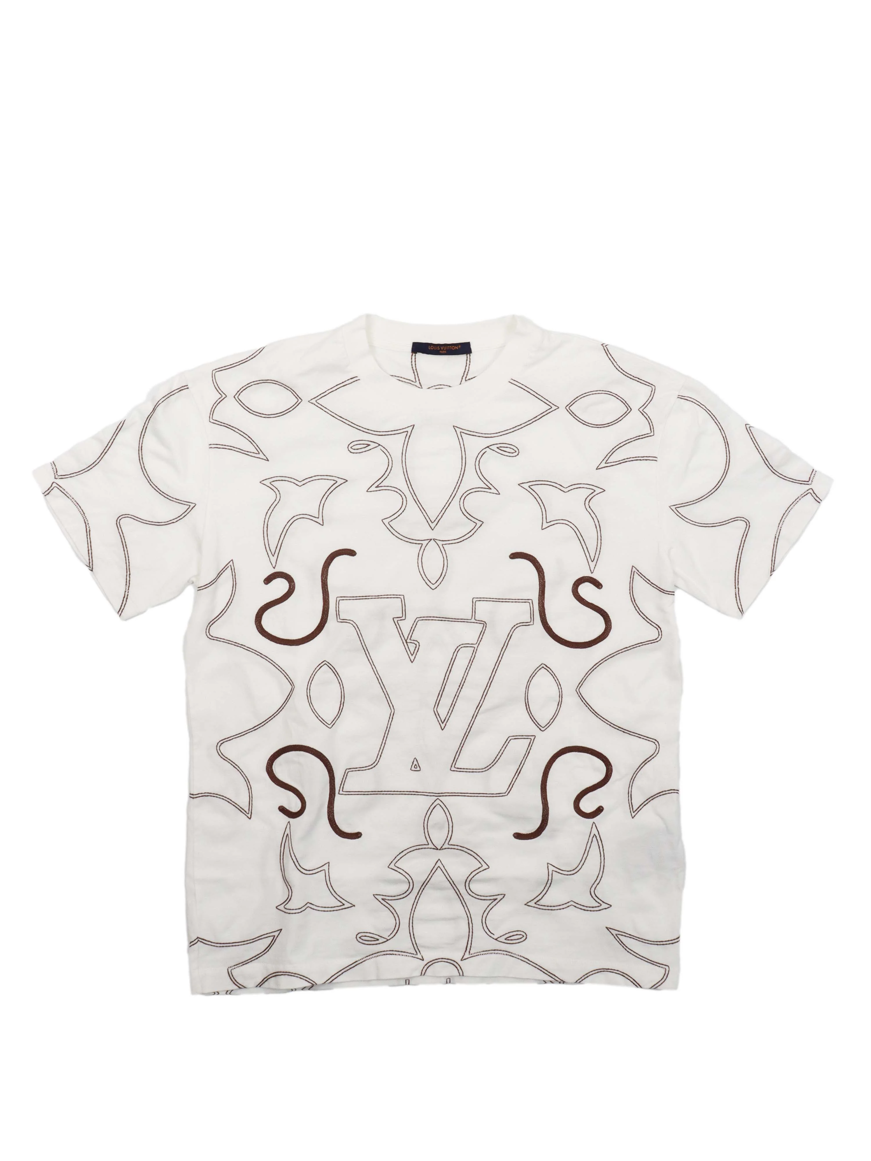 Louis Vuitton White/Brown Embroidered Cotton T-Shirt.