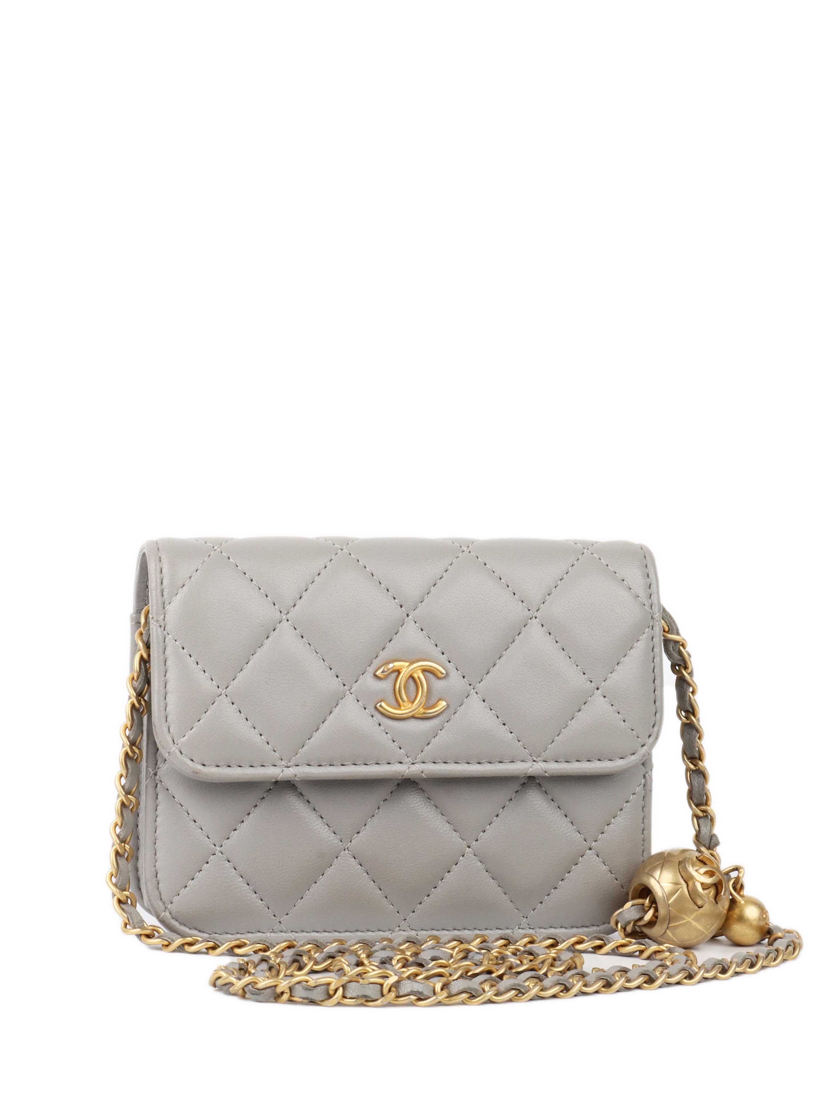 Chanel Grey Cardholder on Chain with Pearl Crush GHW.