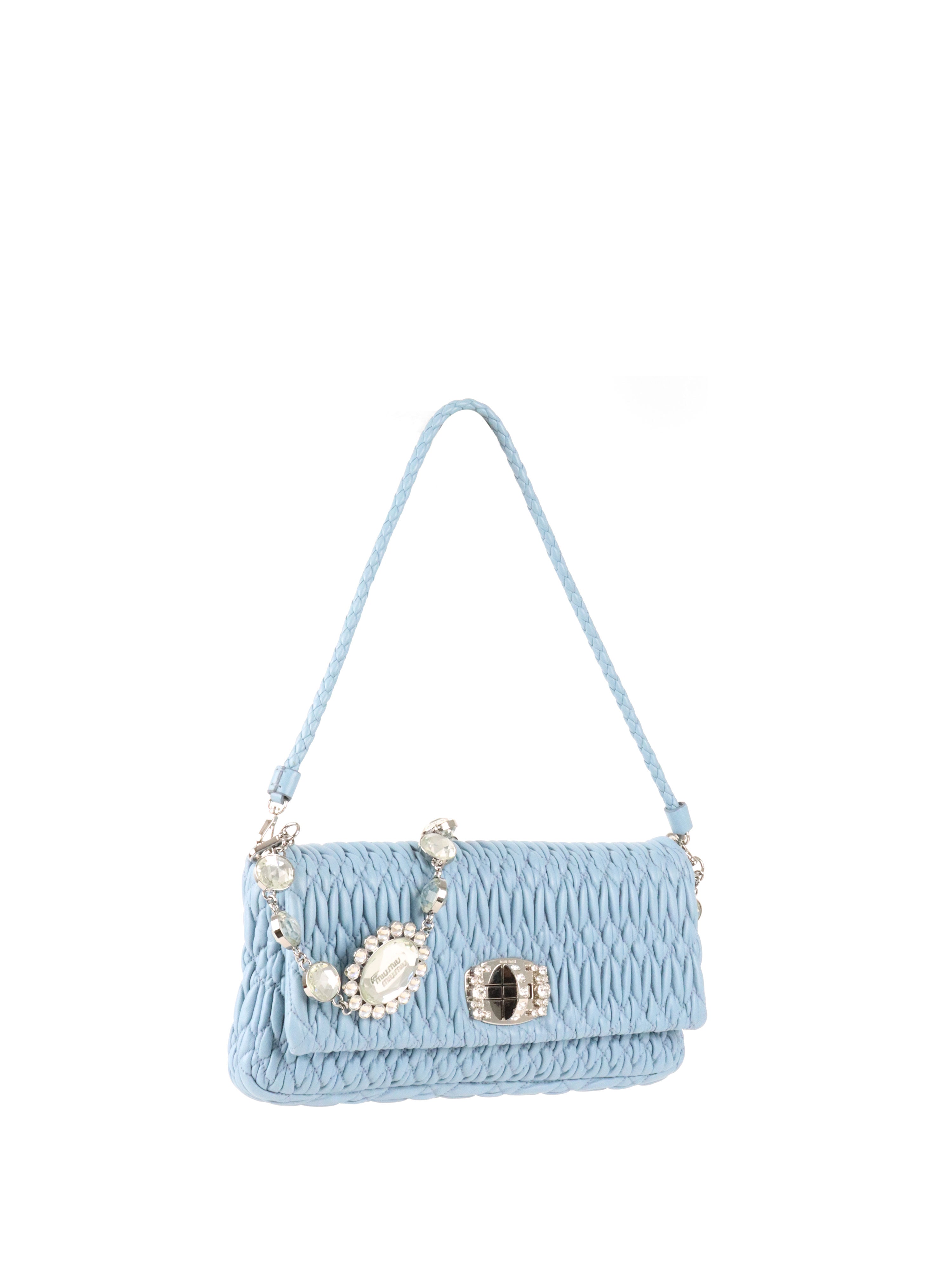 Miu Miu Light Blue Matelasse Nappa Crystal Chain Satchel