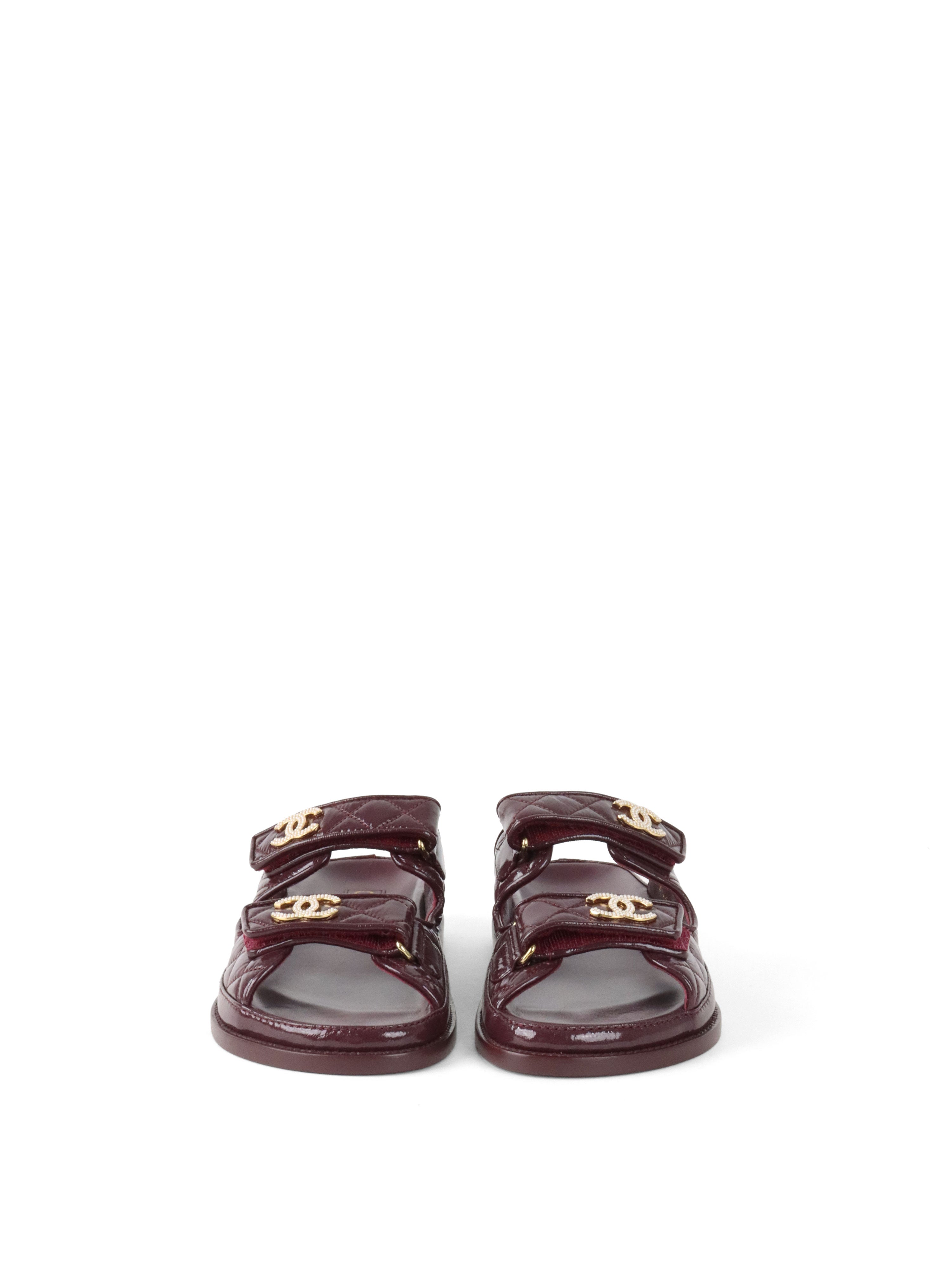 Chanel 21C Burgundy Red Patent Gold CC Logo Mule Slides.