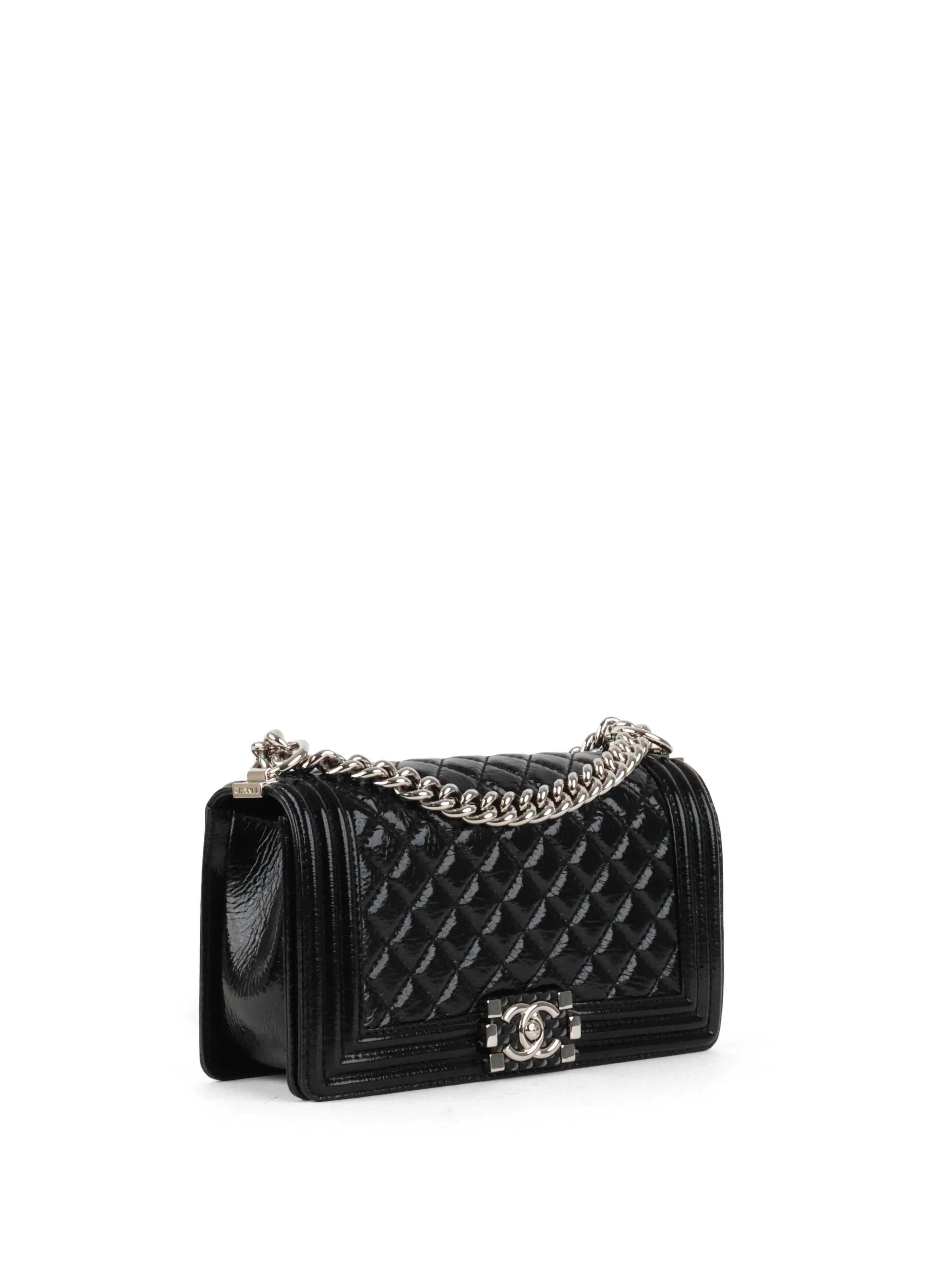 Chanel Black Crinkled Patent with Diamond Quilted Lock Medium Boy Bag