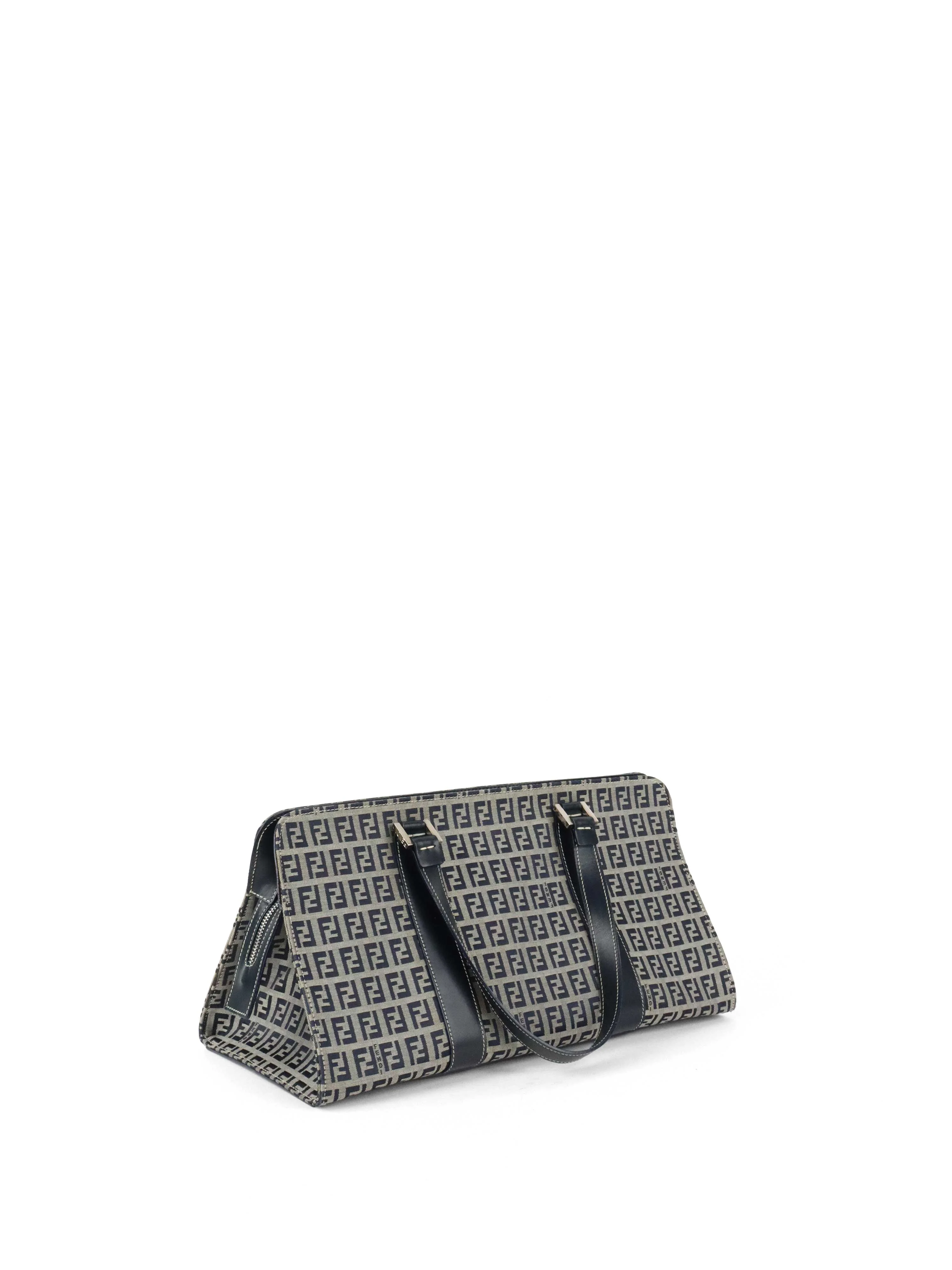 Fendi Vintage Navy Zucchino Canvas Boston Bag