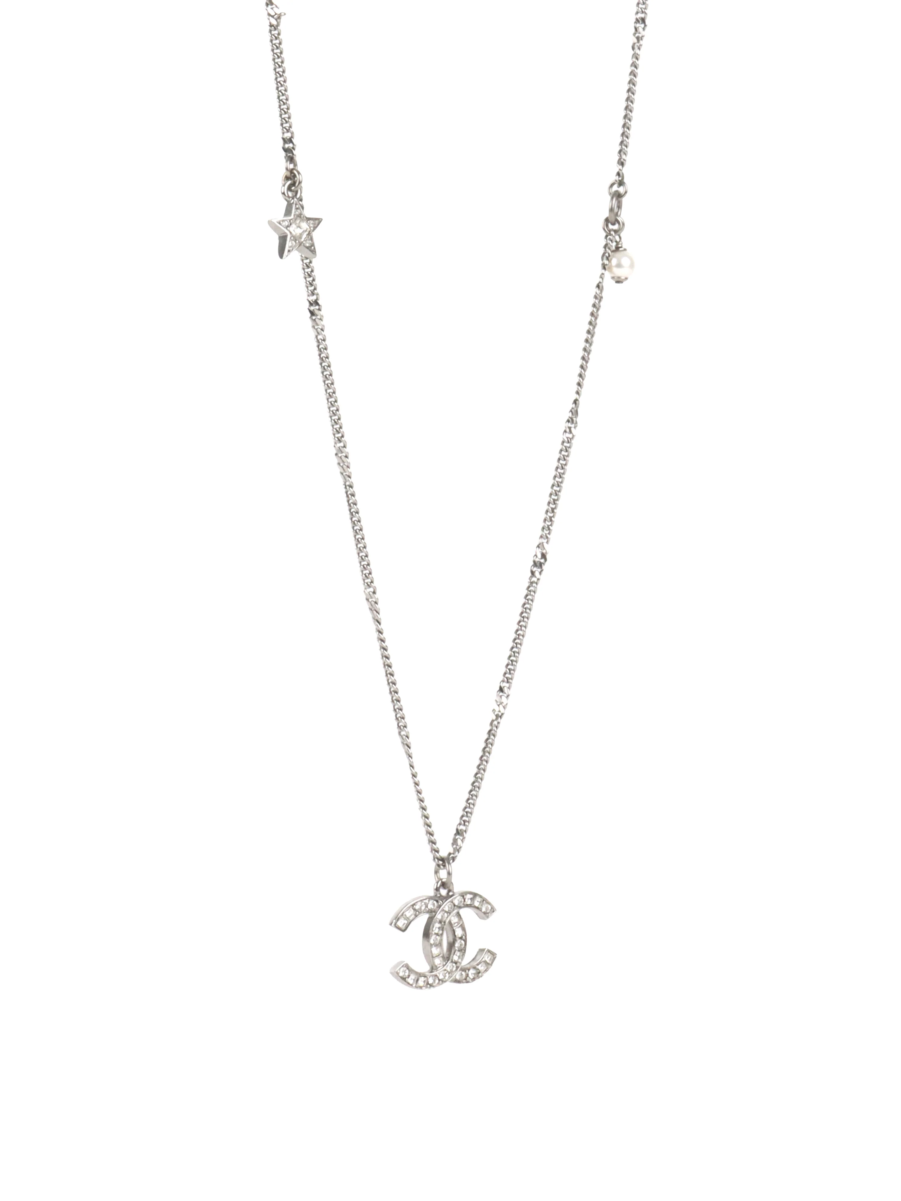 Chanel Metal Silver Crystal CC Long Necklace