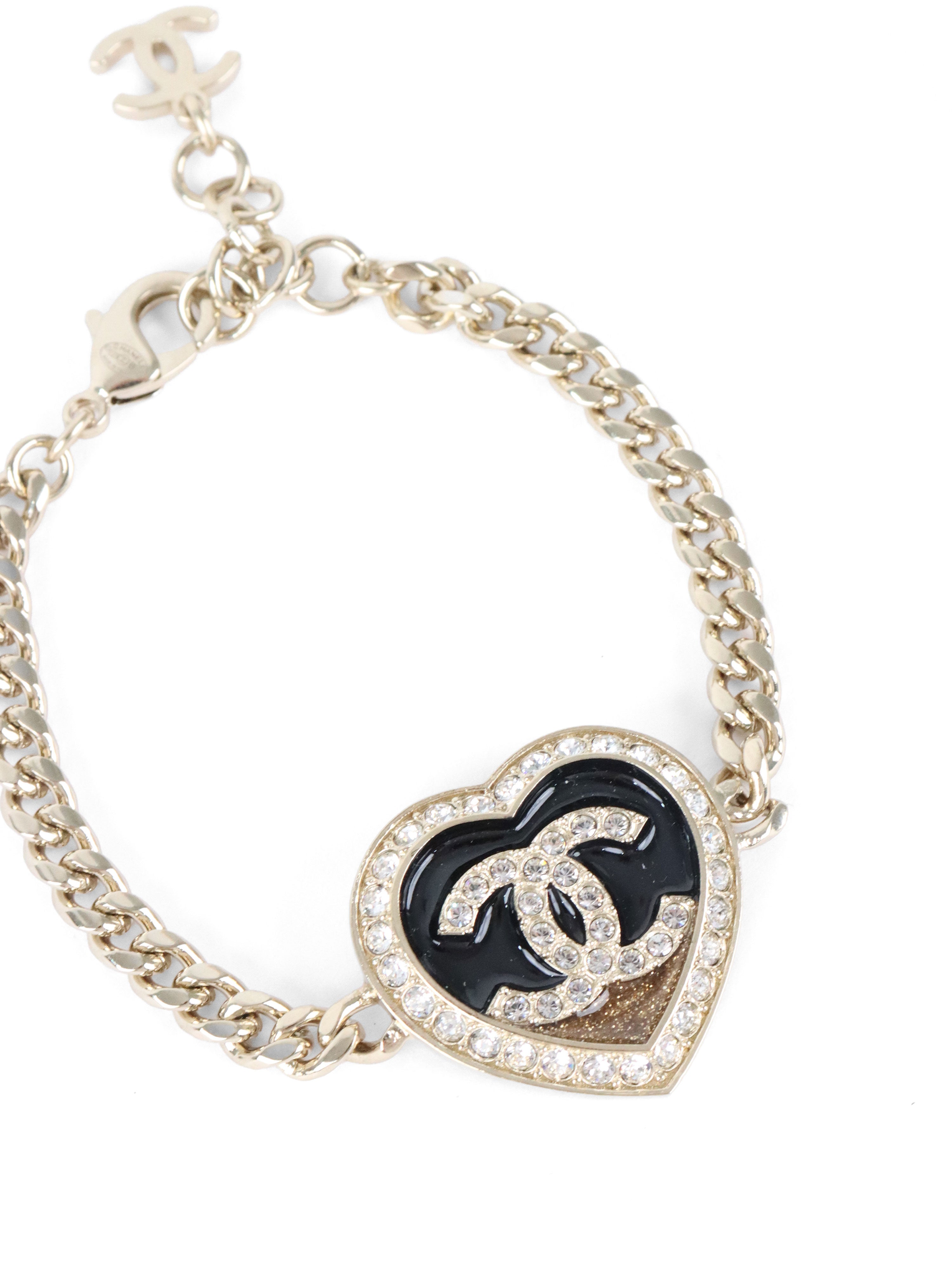 Chanel Black  Gold Crystals CC Heart Charm Bracelet