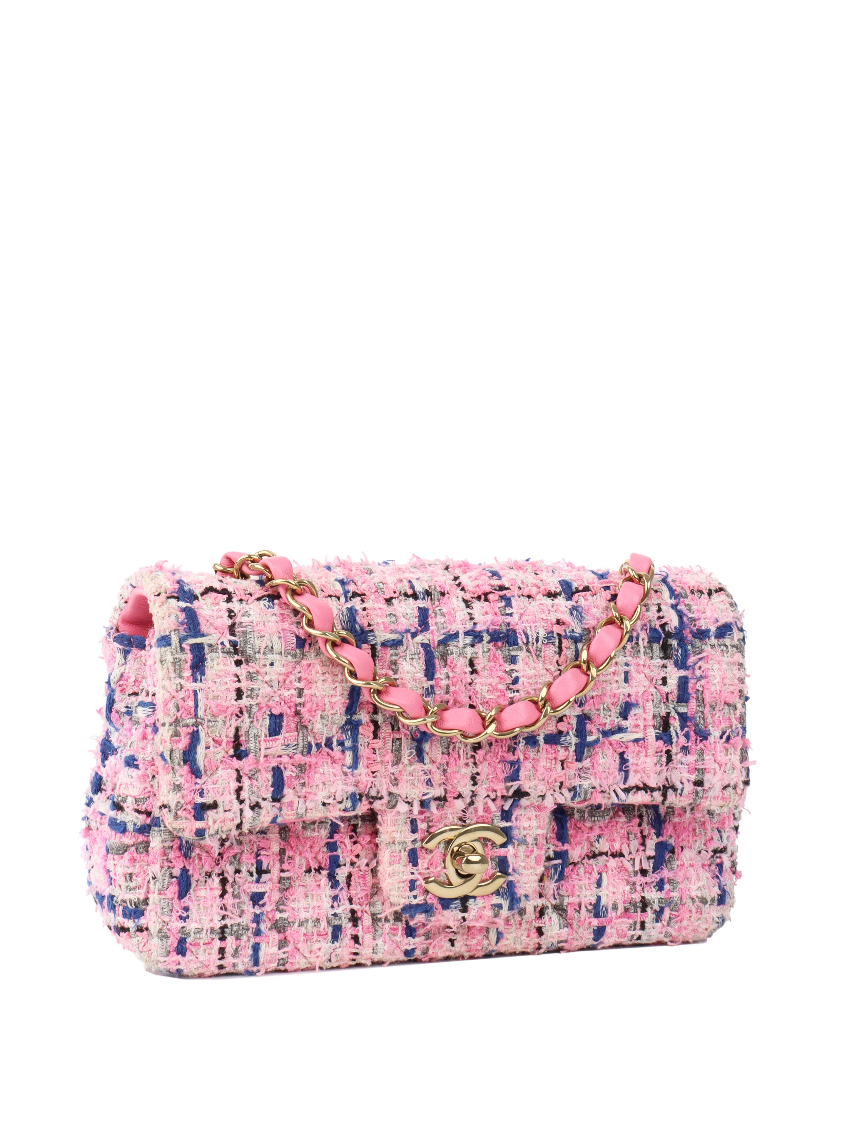 Chanel Pink 
Blue Tweed Mini Rectangular Classic Flap.