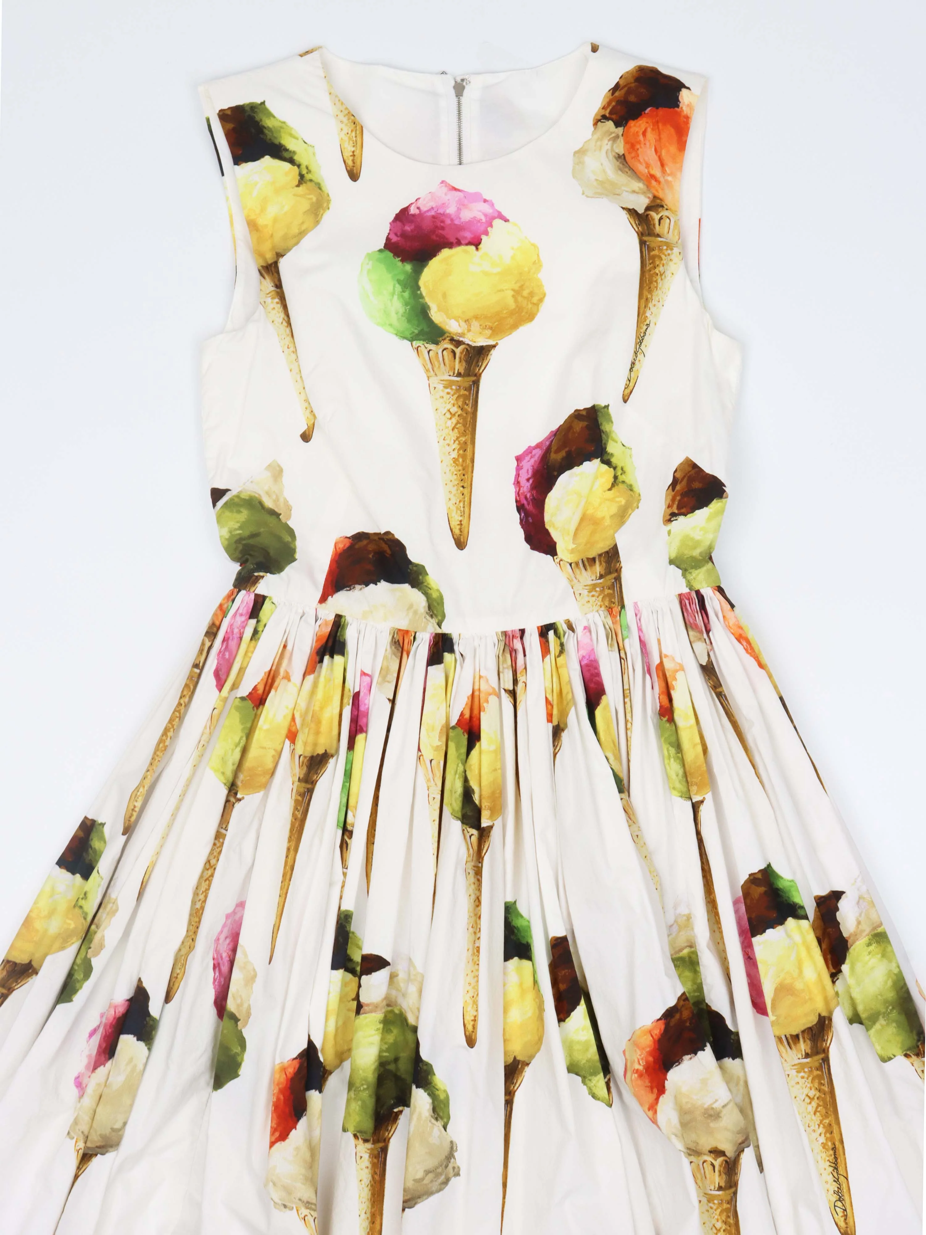 Dolce  Gabbana White Ice Cream Print Cotton Gathered Dress.